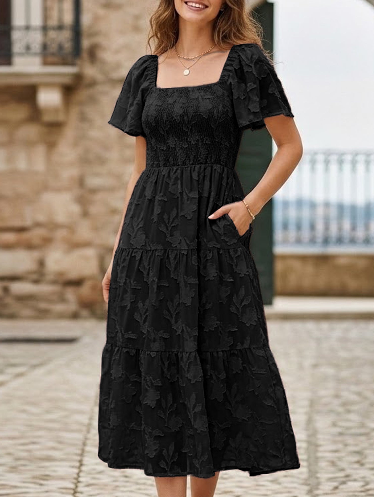Square Neck Boho Floral Midi Dress_CWDMD02939