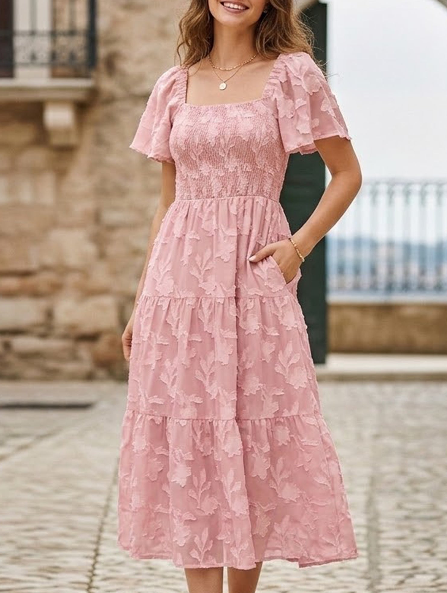 Square Neck Boho Floral Midi Dress_CWDMD02939