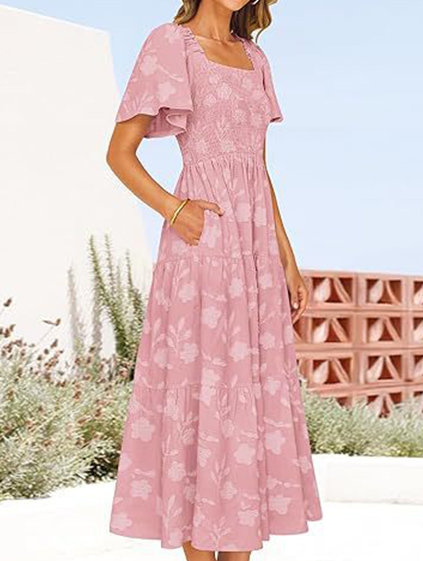 Square Neck Boho Floral Midi Dress_CWDMD02939