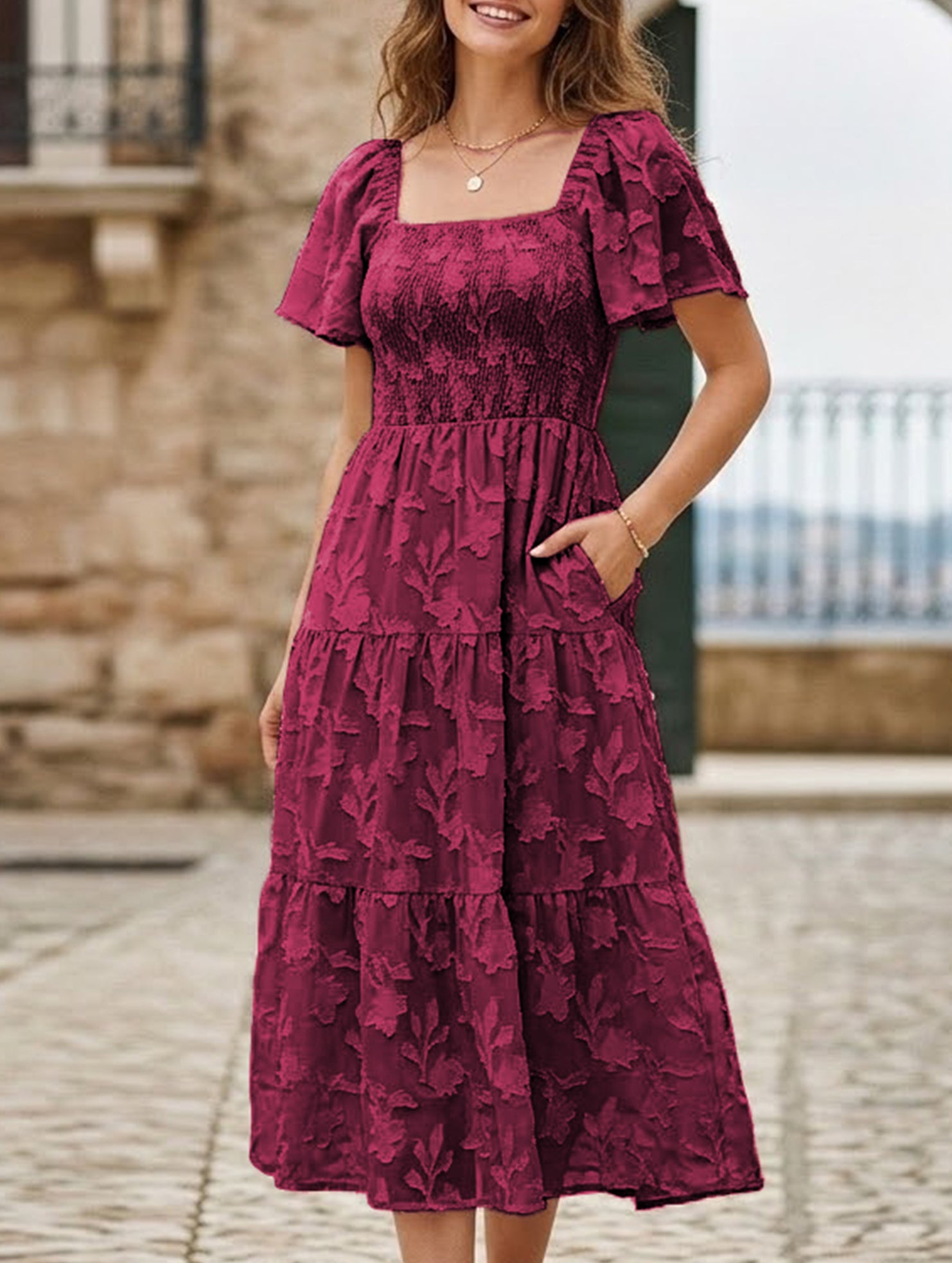 Square Neck Boho Floral Midi Dress_CWDMD02939