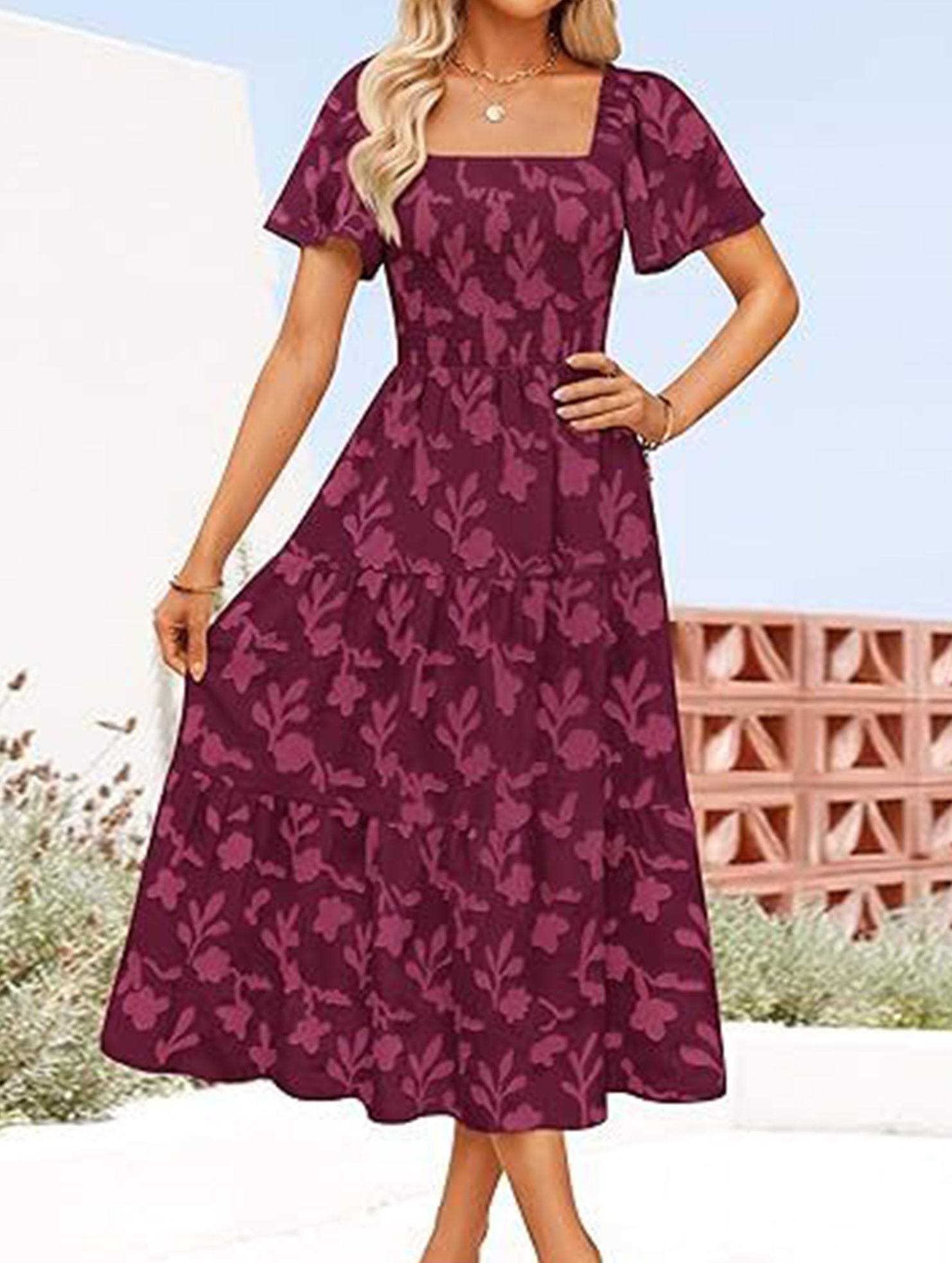 Square Neck Boho Floral Midi Dress_CWDMD02939
