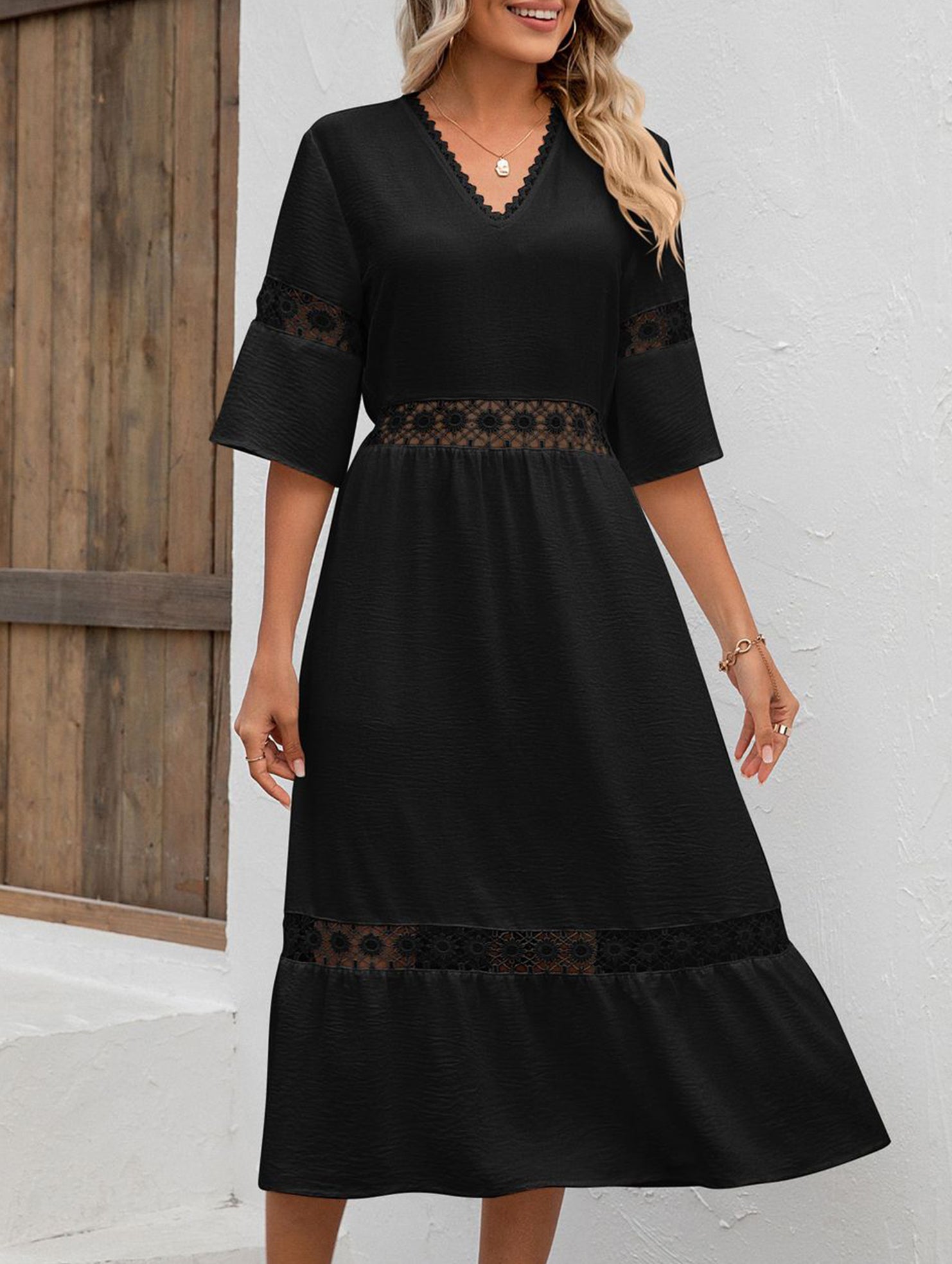 V Neck Hollow Short Sleeve Dress_CWDMD02941