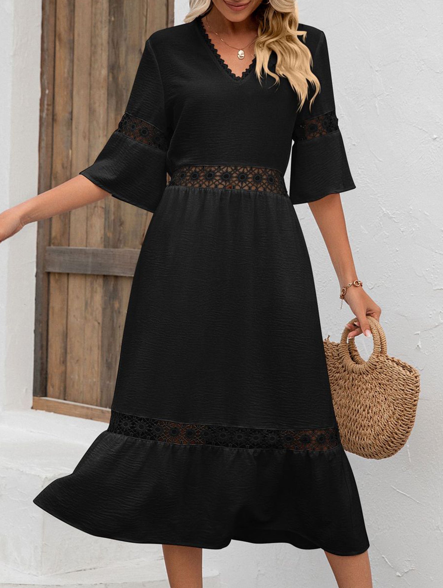 V Neck Hollow Short Sleeve Dress_CWDMD02941