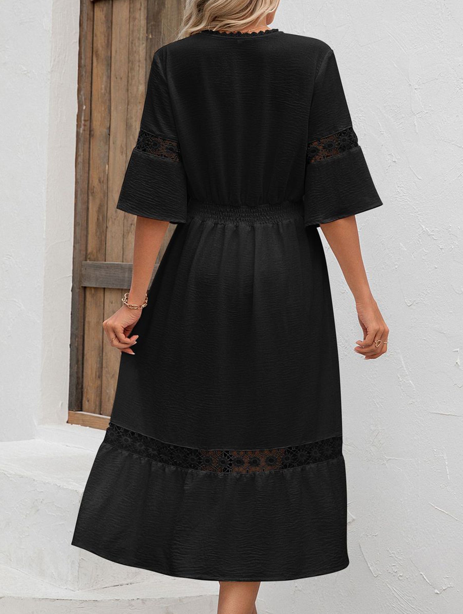 V Neck Hollow Short Sleeve Dress_CWDMD02941