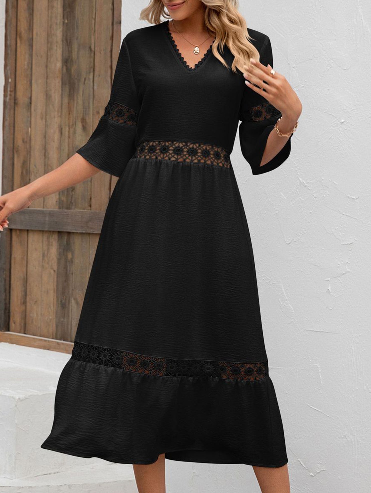 V Neck Hollow Short Sleeve Dress_CWDMD02941