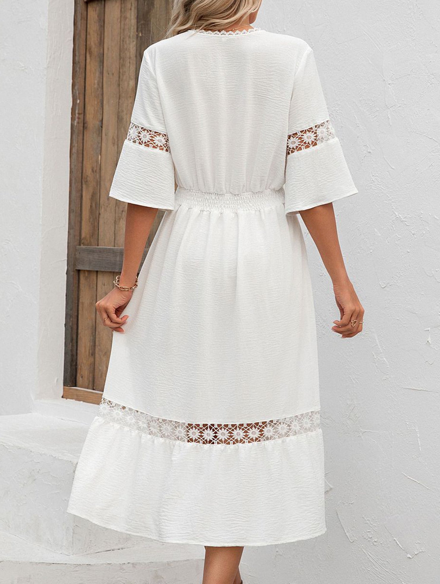 V Neck Hollow Short Sleeve Dress_CWDMD02941
