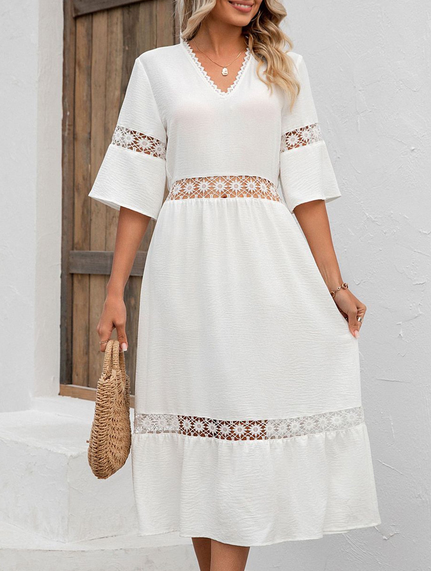 V Neck Hollow Short Sleeve Dress_CWDMD02941