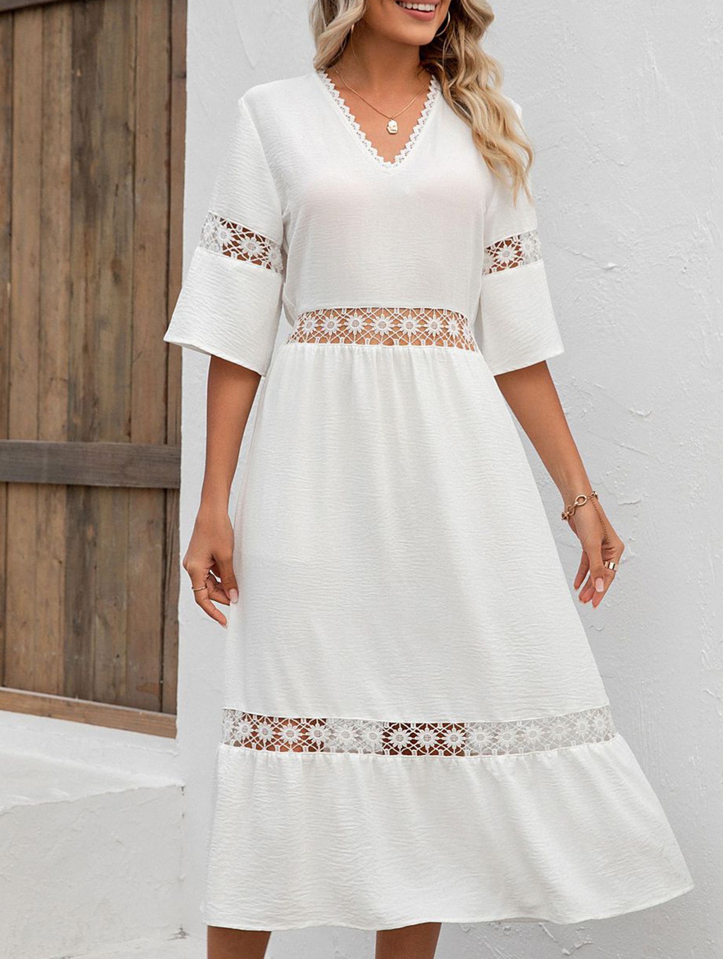 V Neck Hollow Short Sleeve Dress_CWDMD02941