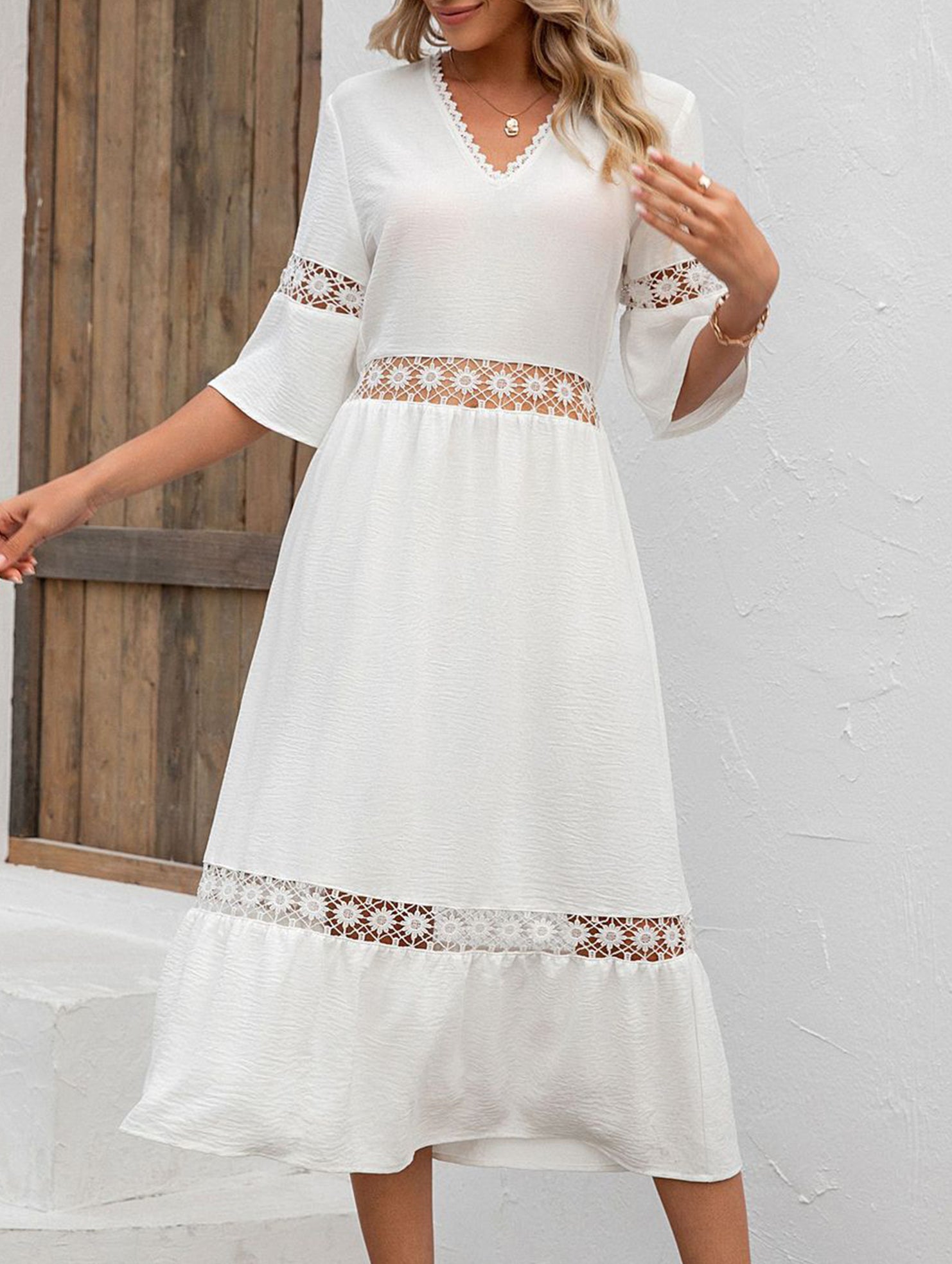 V Neck Hollow Short Sleeve Dress_CWDMD02941