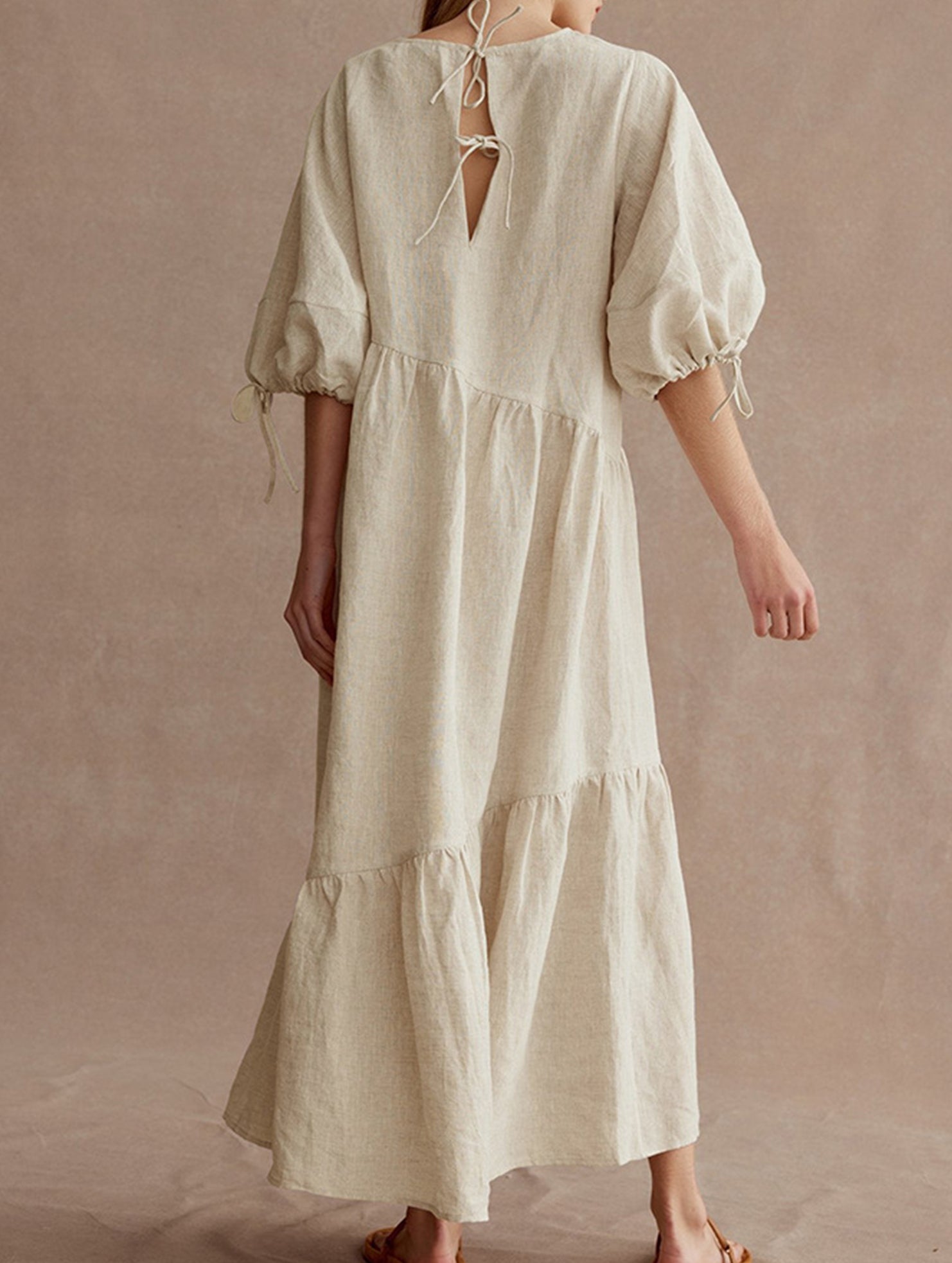 Ramie Puff Sleeve Midi Dress_CWDMD02958