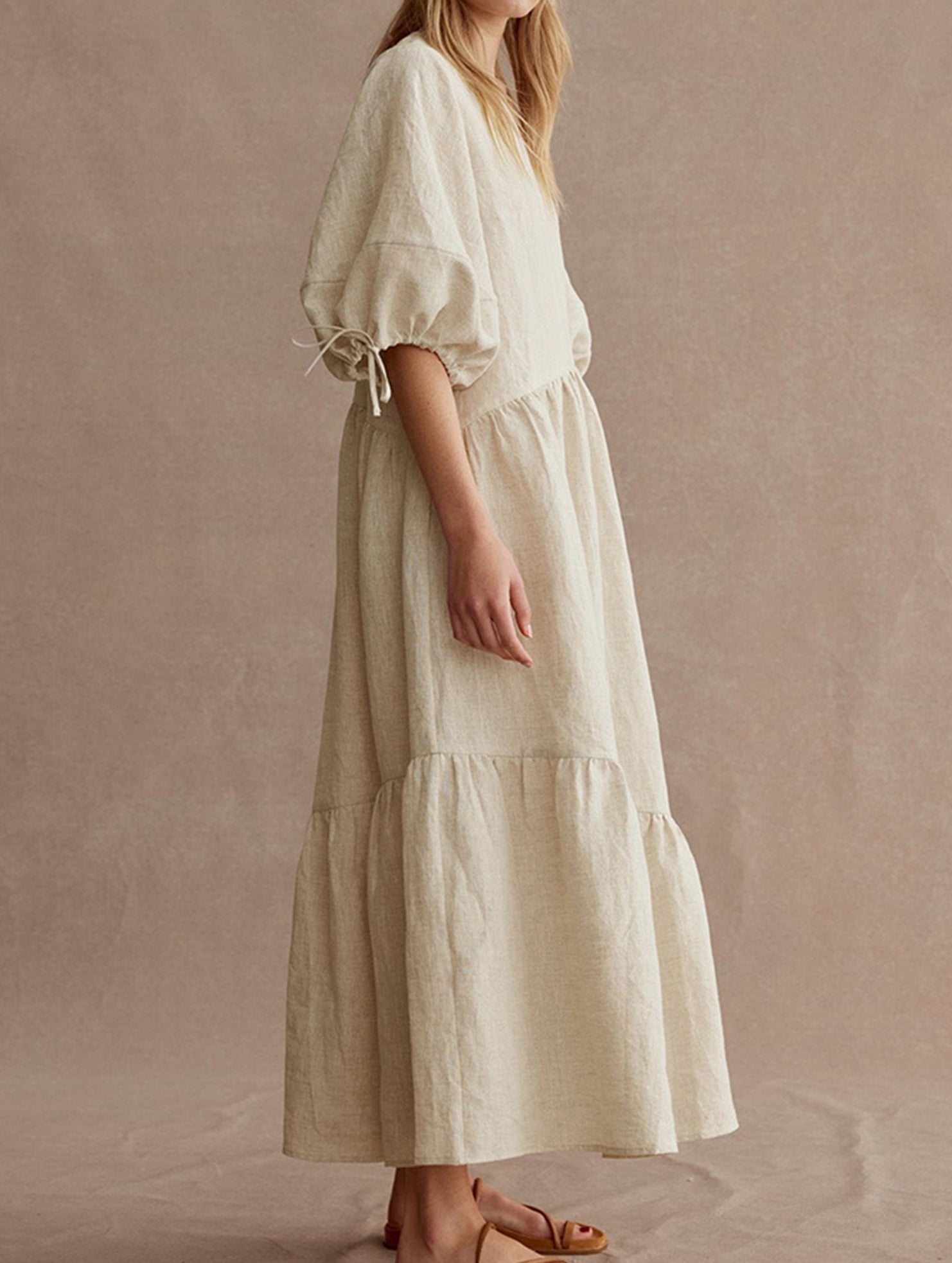 Ramie Puff Sleeve Midi Dress_CWDMD02958