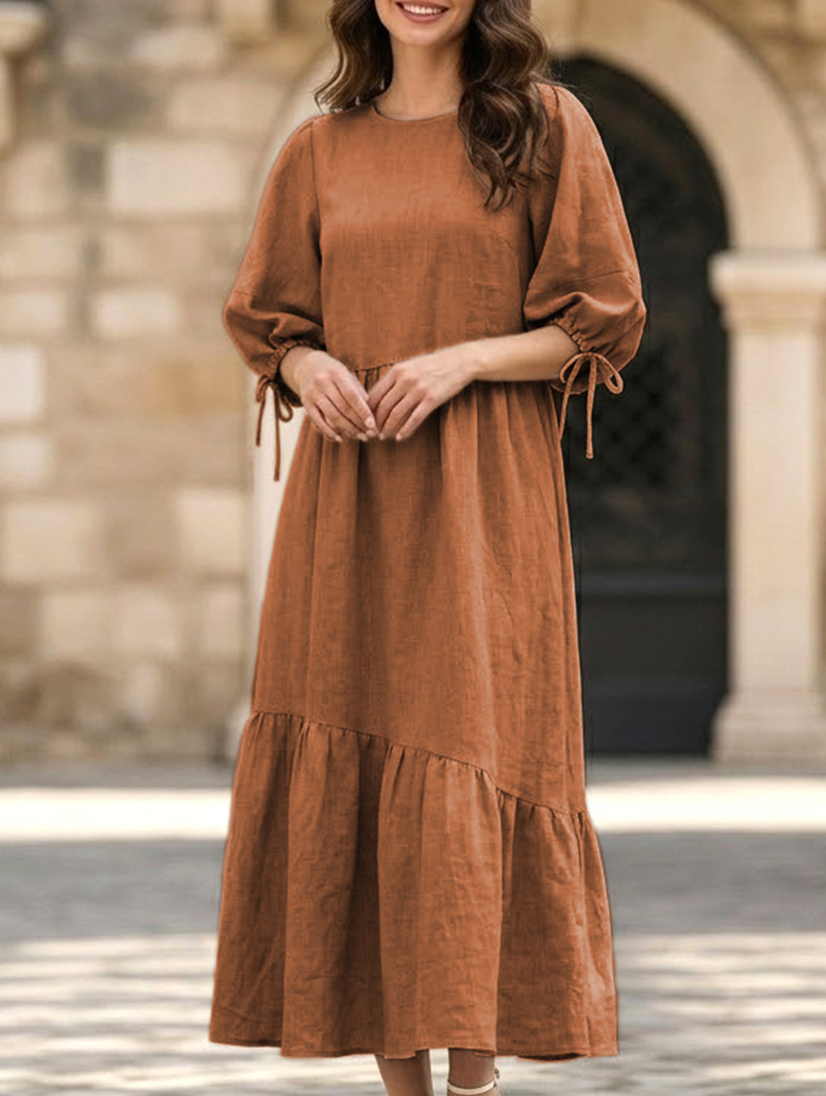 Ramie Puff Sleeve Midi Dress_CWDMD02958