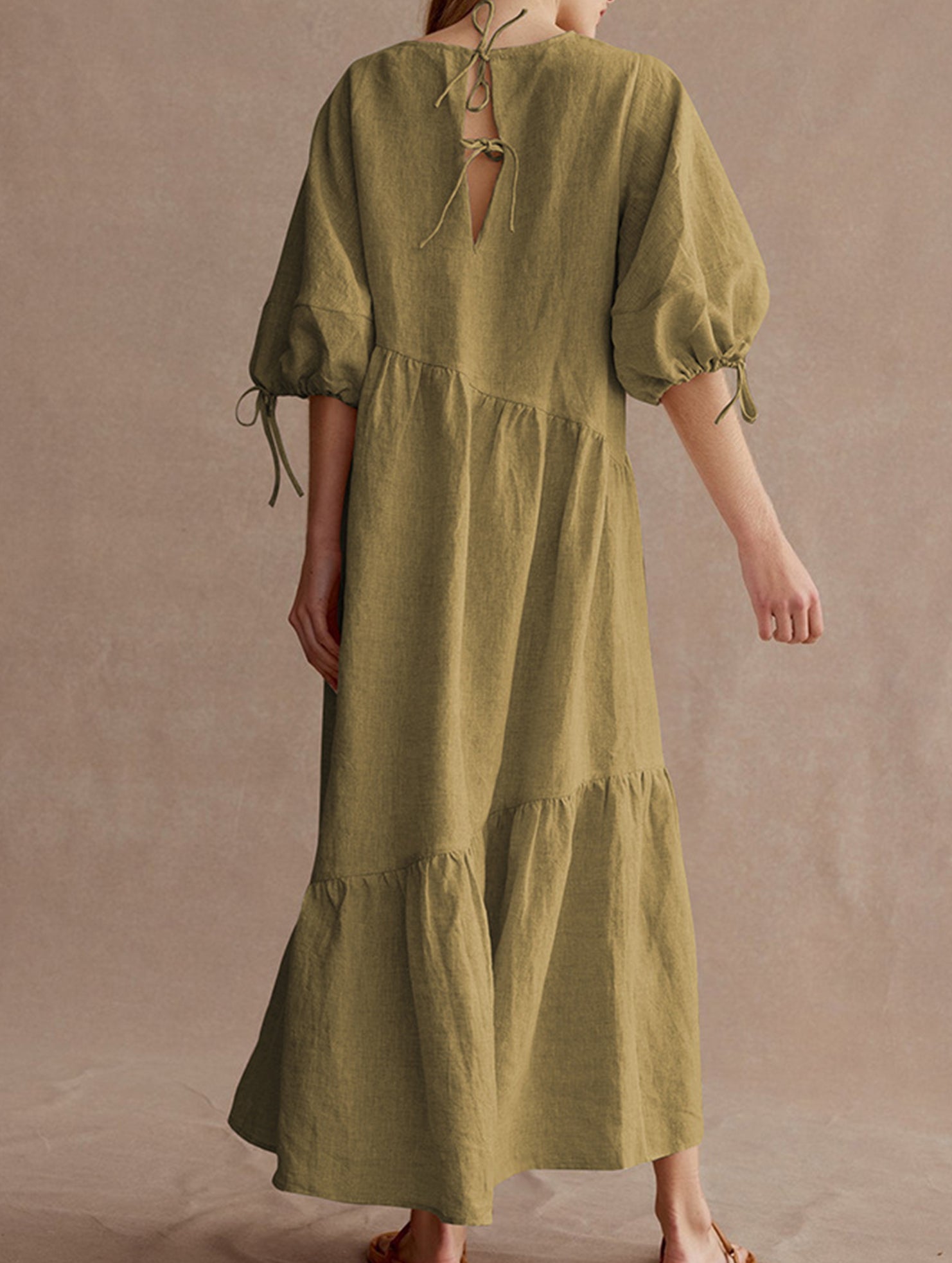 Ramie Puff Sleeve Midi Dress_CWDMD02958