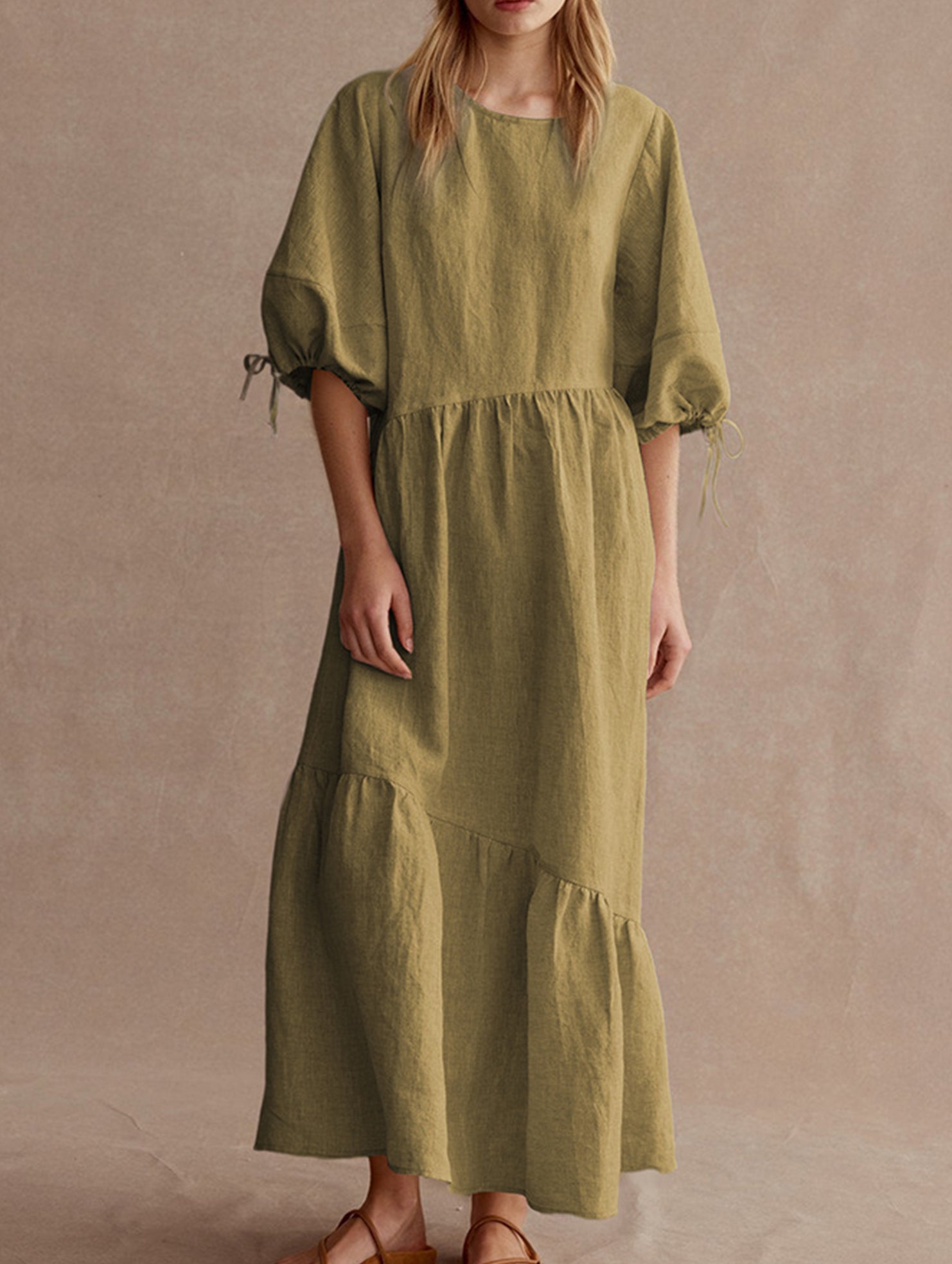 Ramie Puff Sleeve Midi Dress_CWDMD02958