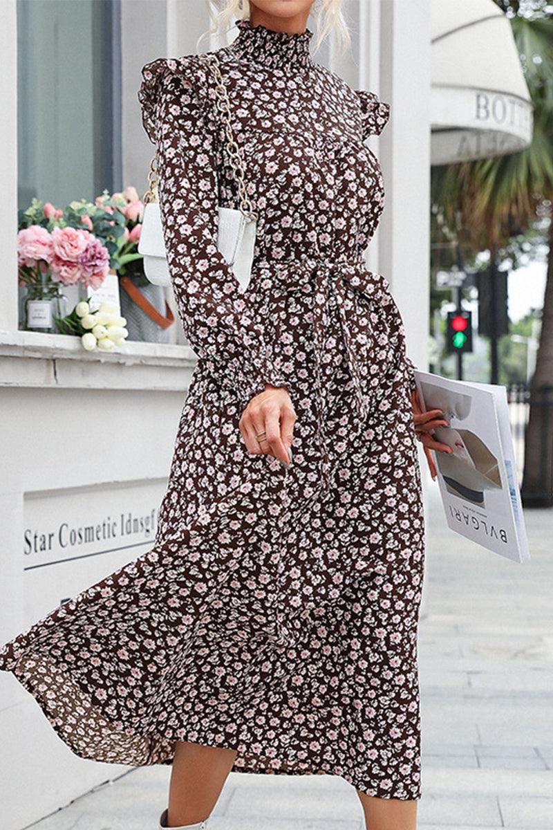 HIGH NECK FLORAL PATTERNED LONG DRESS - Doublju