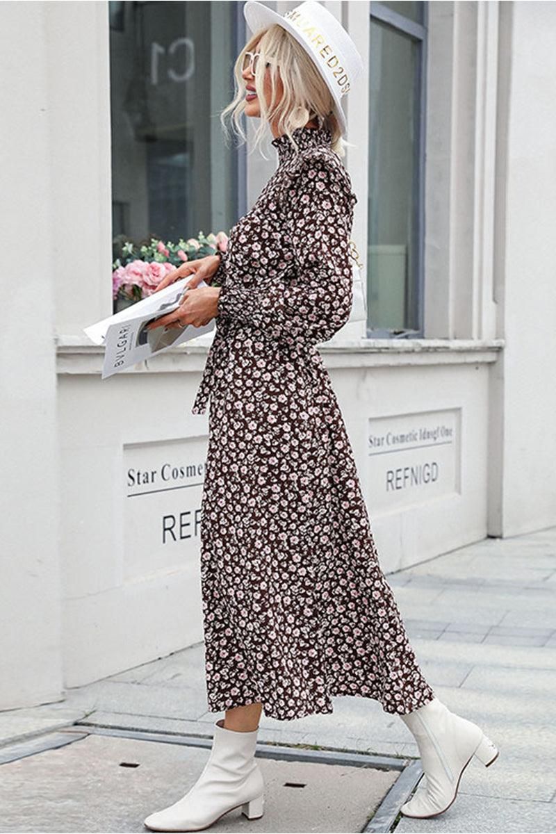 HIGH NECK FLORAL PATTERNED LONG DRESS - Doublju