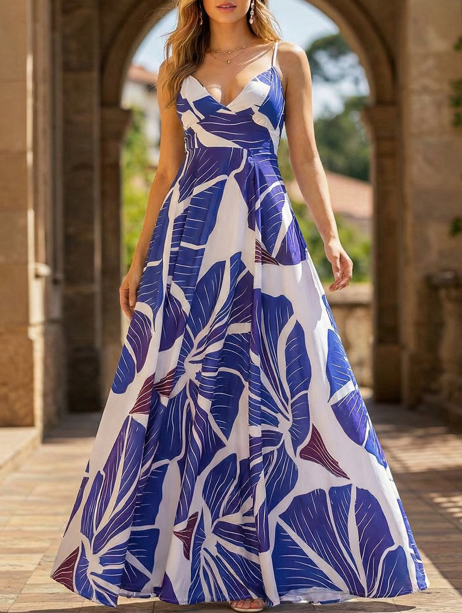 Floral Printed Suspender Mid-Length Dress