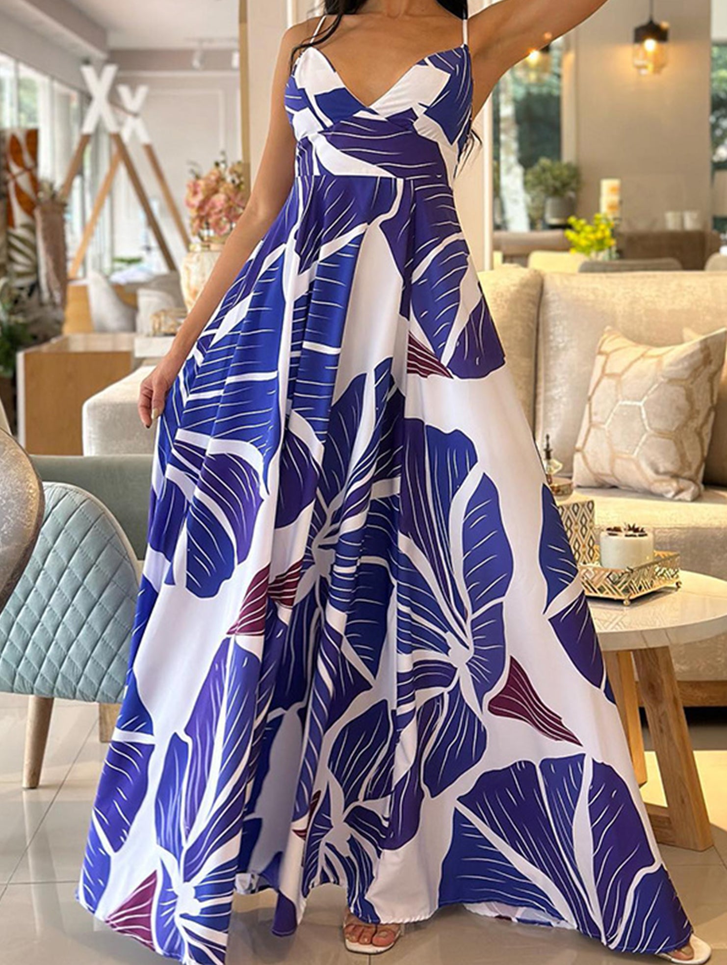 Floral Printed Suspender Mid-Length Dress