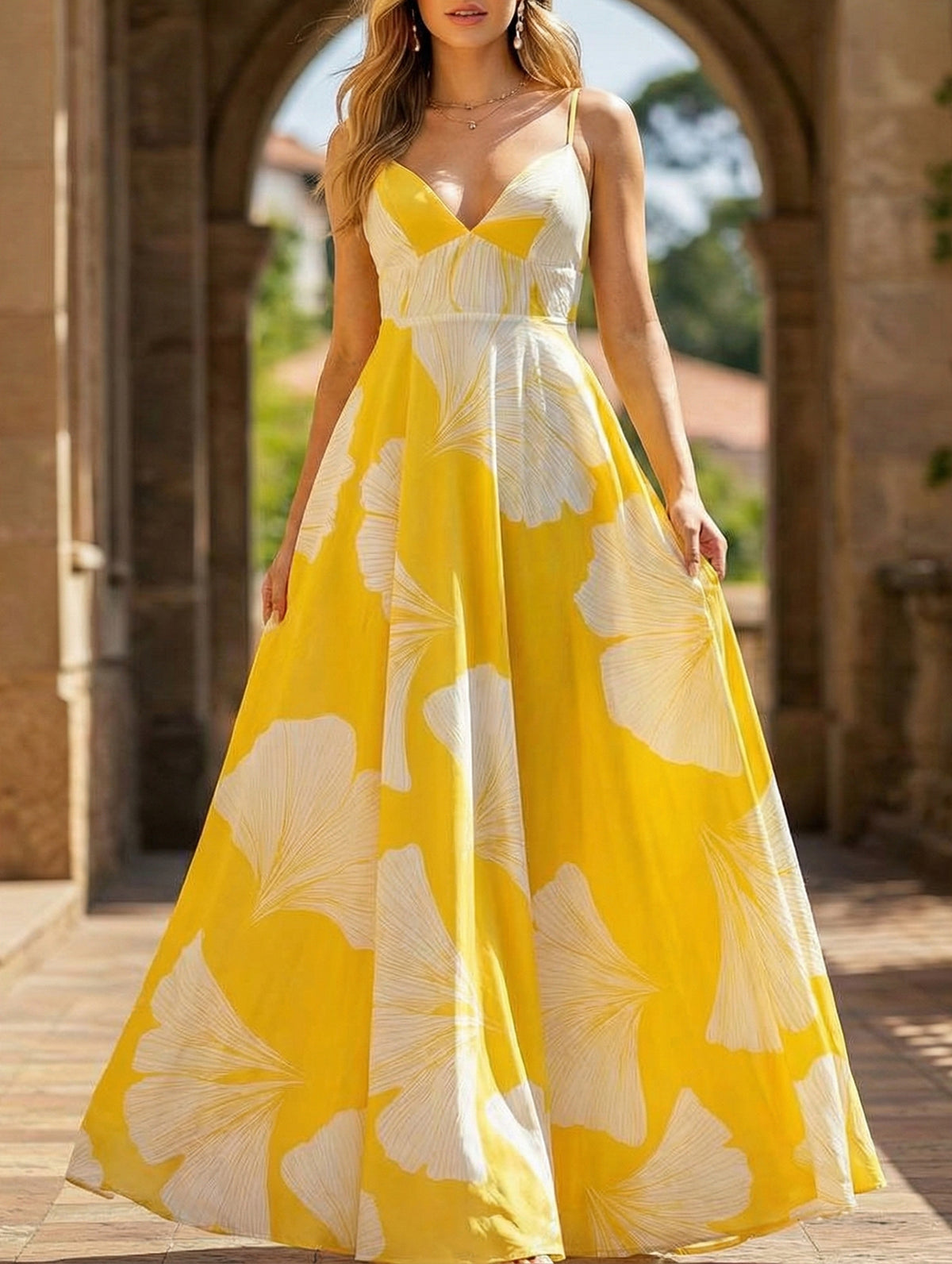 Floral Printed Suspender Mid-Length Dress