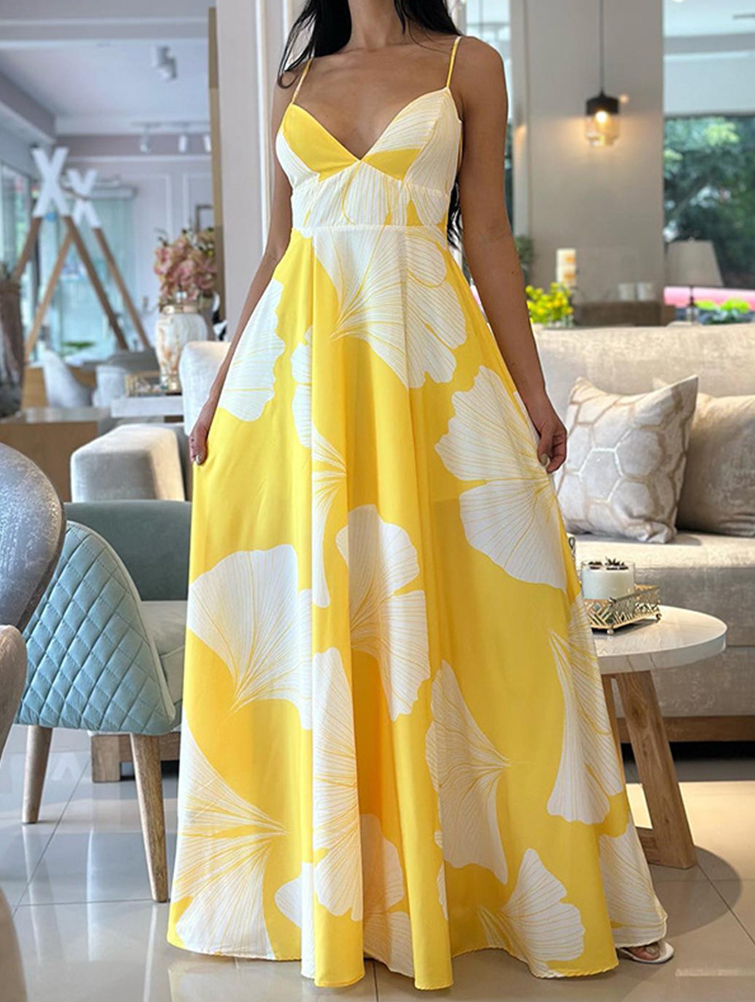 Floral Printed Suspender Mid-Length Dress