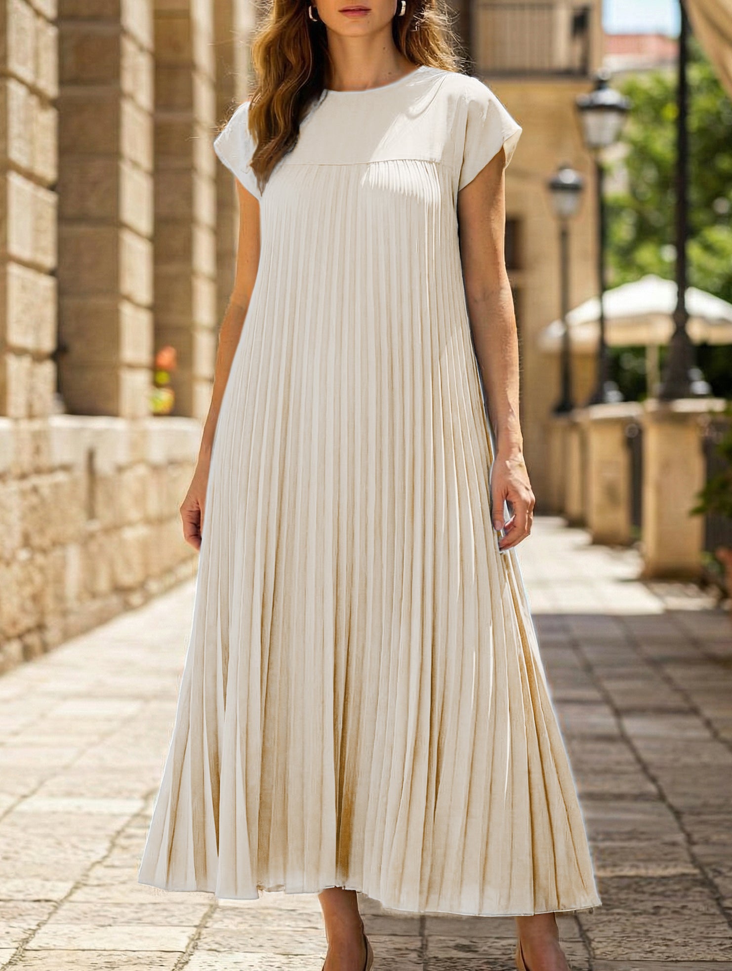 Elegant fashion round neck sleeveless pleated long dress-CWDMD2182