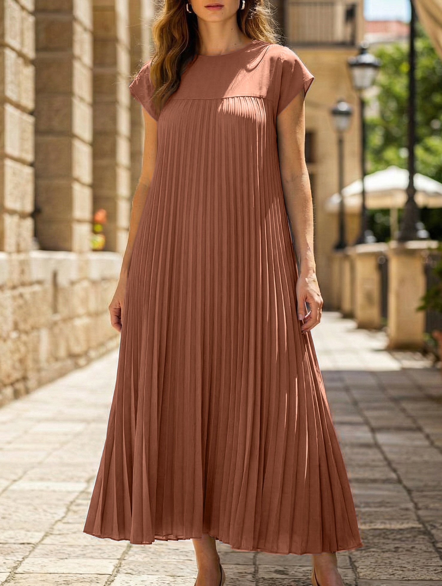 Elegant fashion round neck sleeveless pleated long dress-CWDMD2182