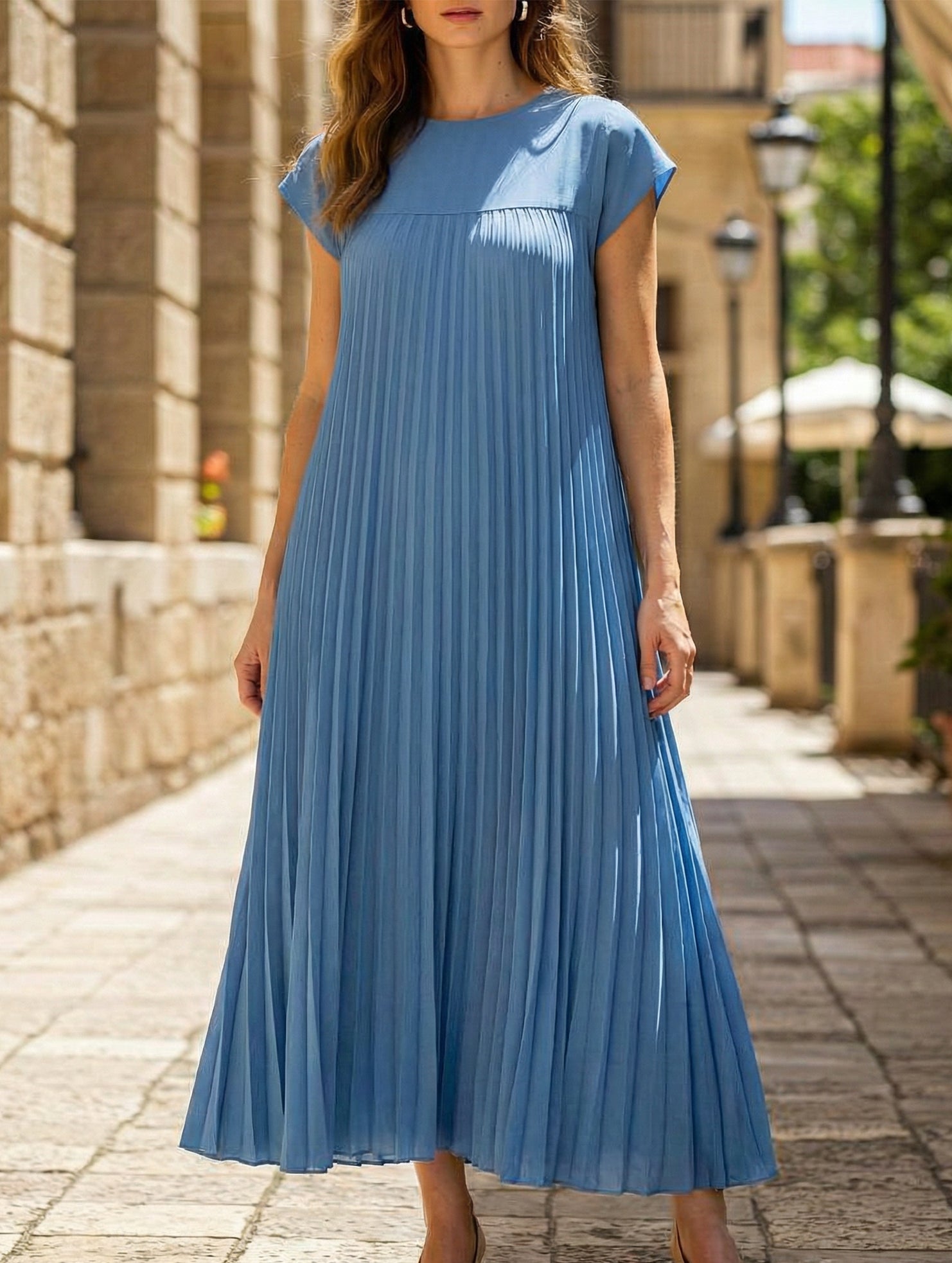 Elegant fashion round neck sleeveless pleated long dress-CWDMD2182
