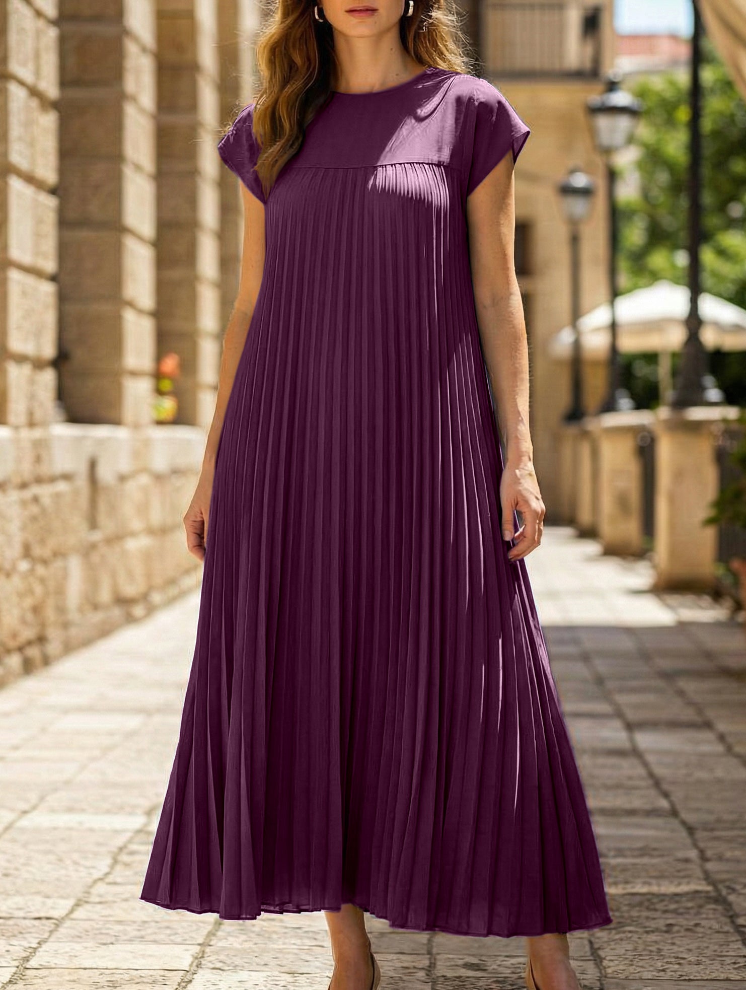 Elegant fashion round neck sleeveless pleated long dress-CWDMD2182