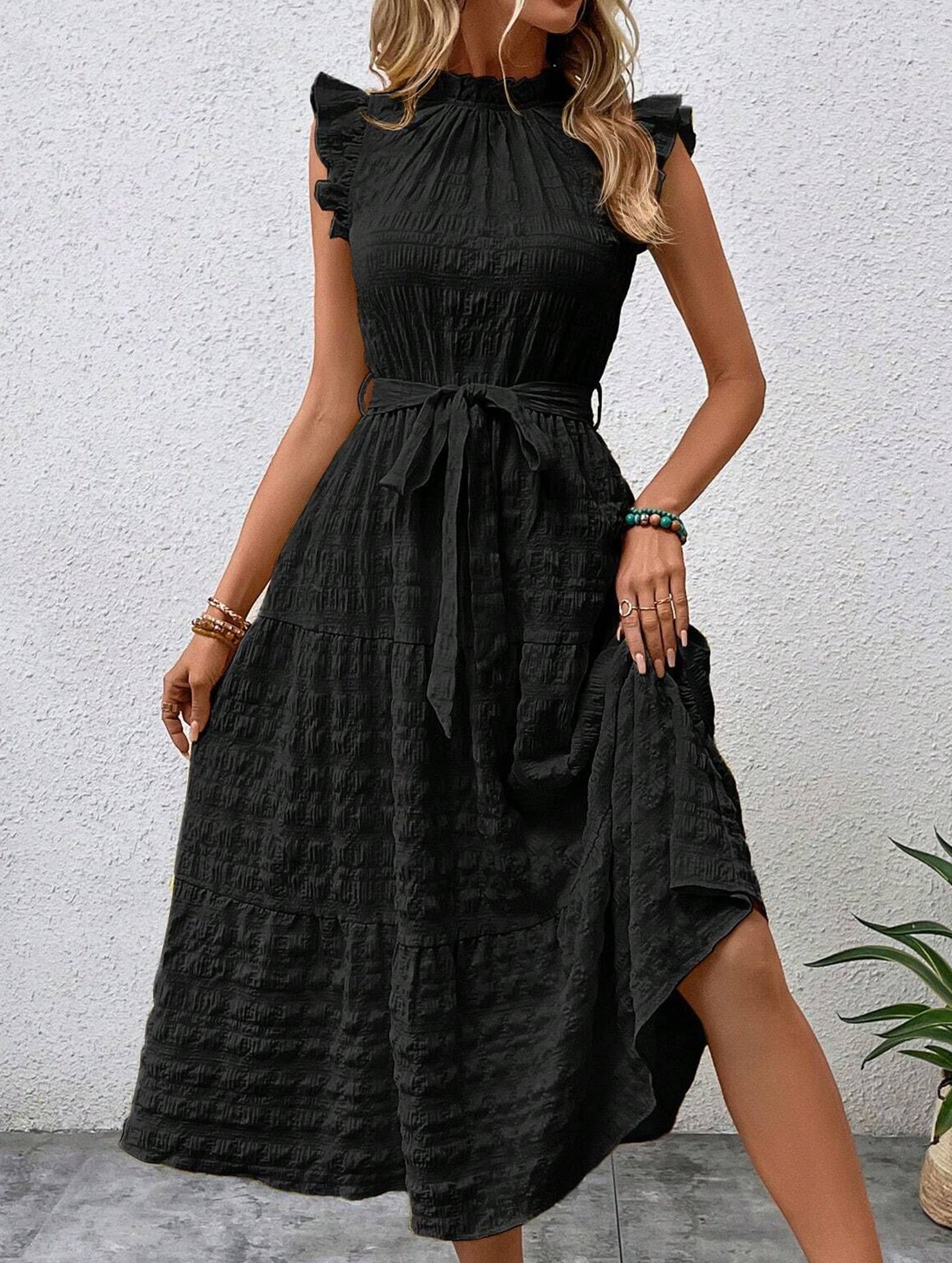 Ruffled Flutter Sleeve Tie Textured Dress