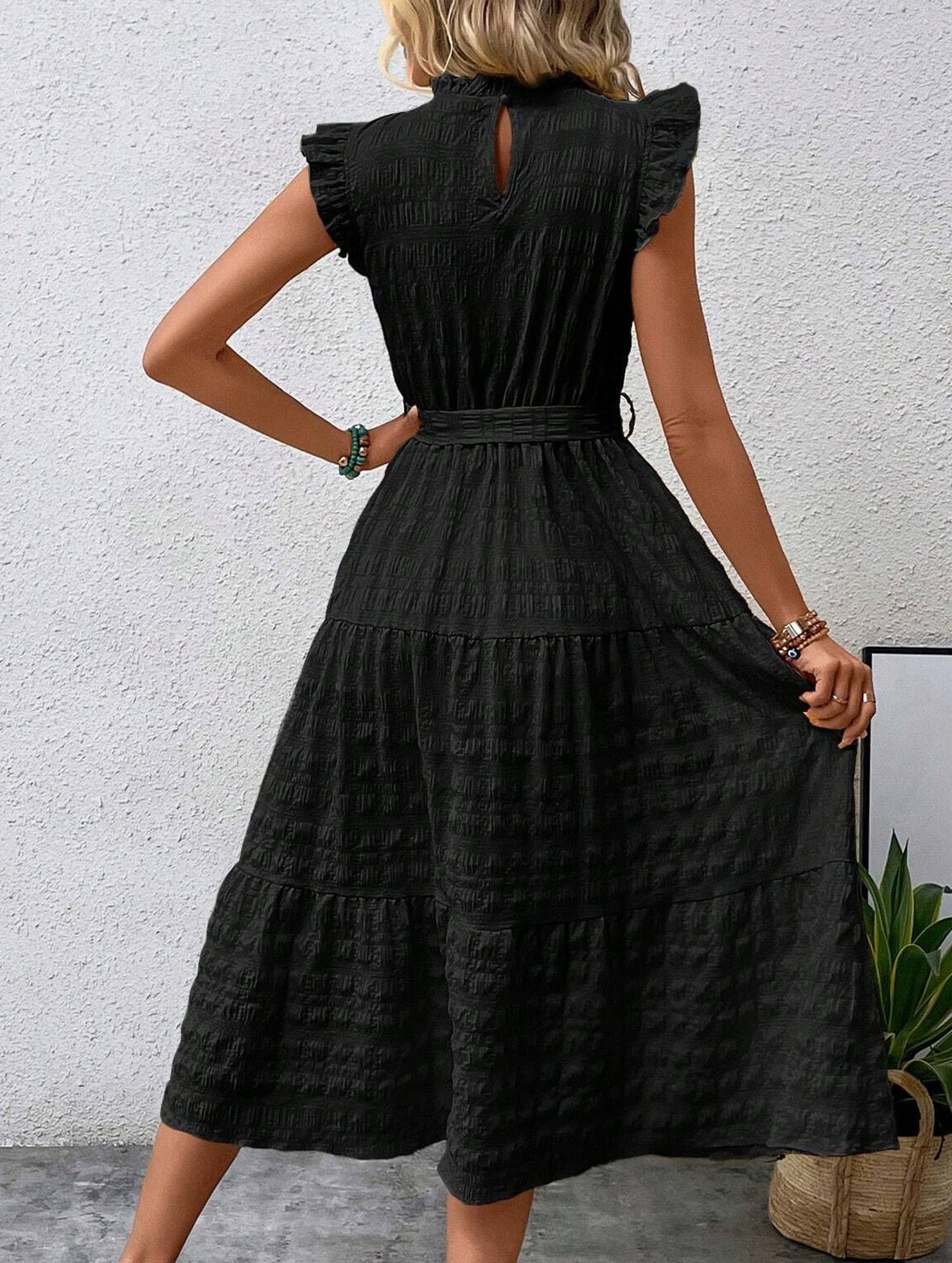 Ruffled Flutter Sleeve Tie Textured Dress