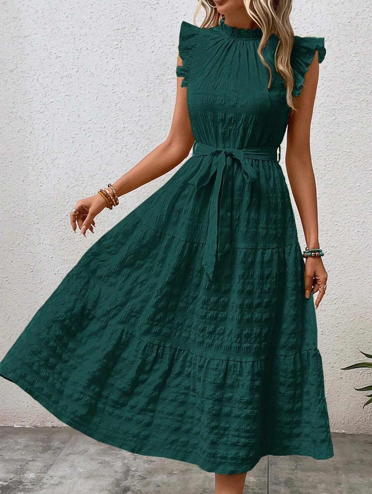 Ruffled Flutter Sleeve Tie Textured Dress