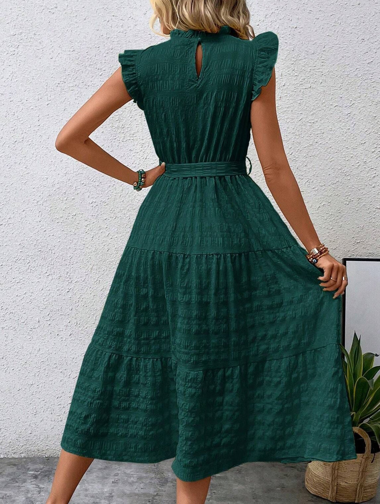 Ruffled Flutter Sleeve Tie Textured Dress