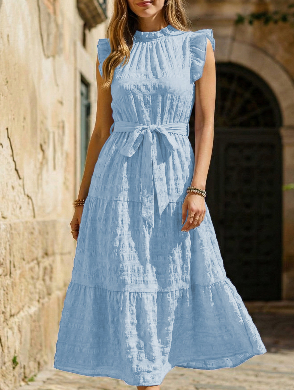 Ruffled Flutter Sleeve Tie Textured Dress