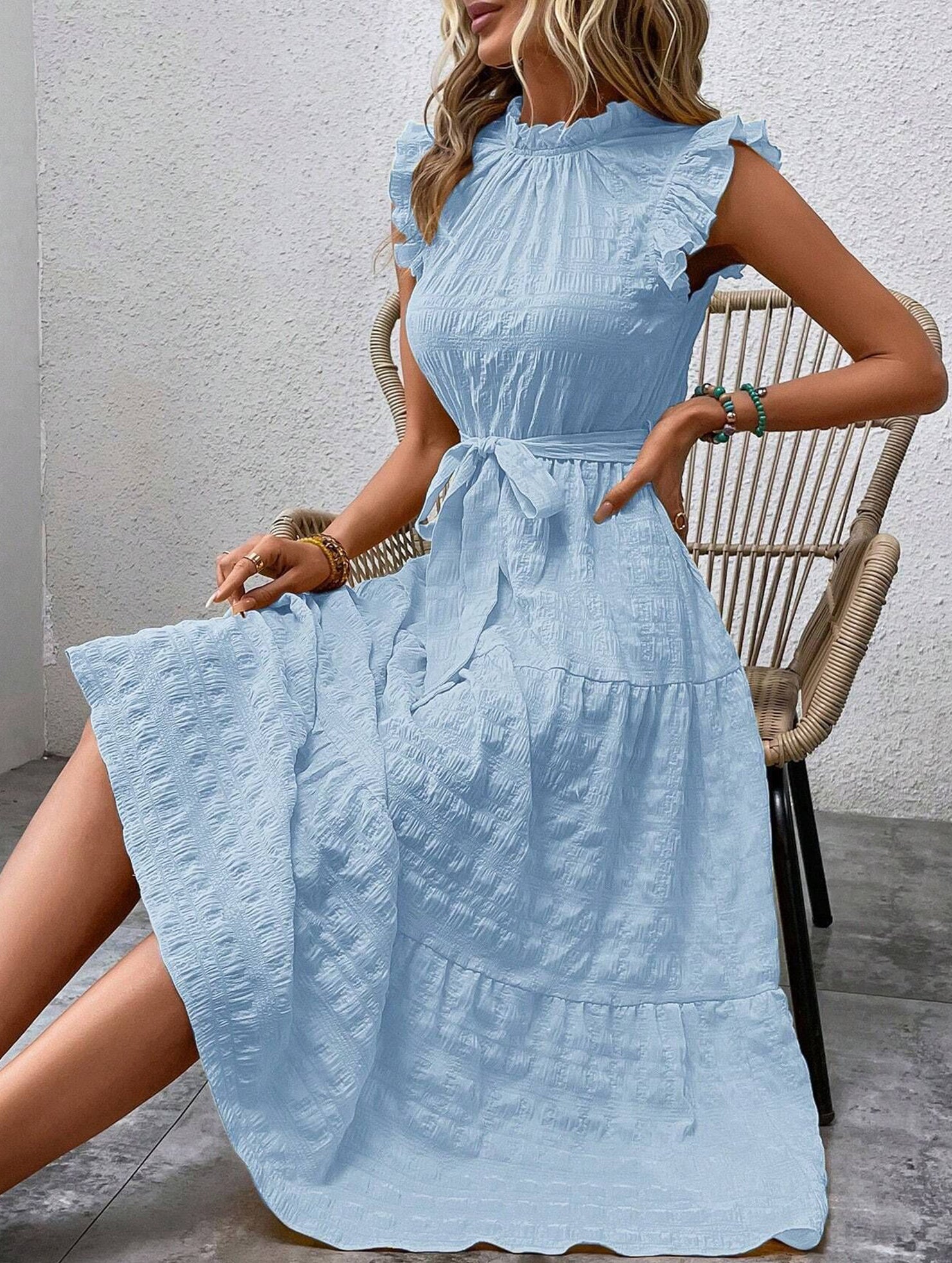 Ruffled Flutter Sleeve Tie Textured Dress