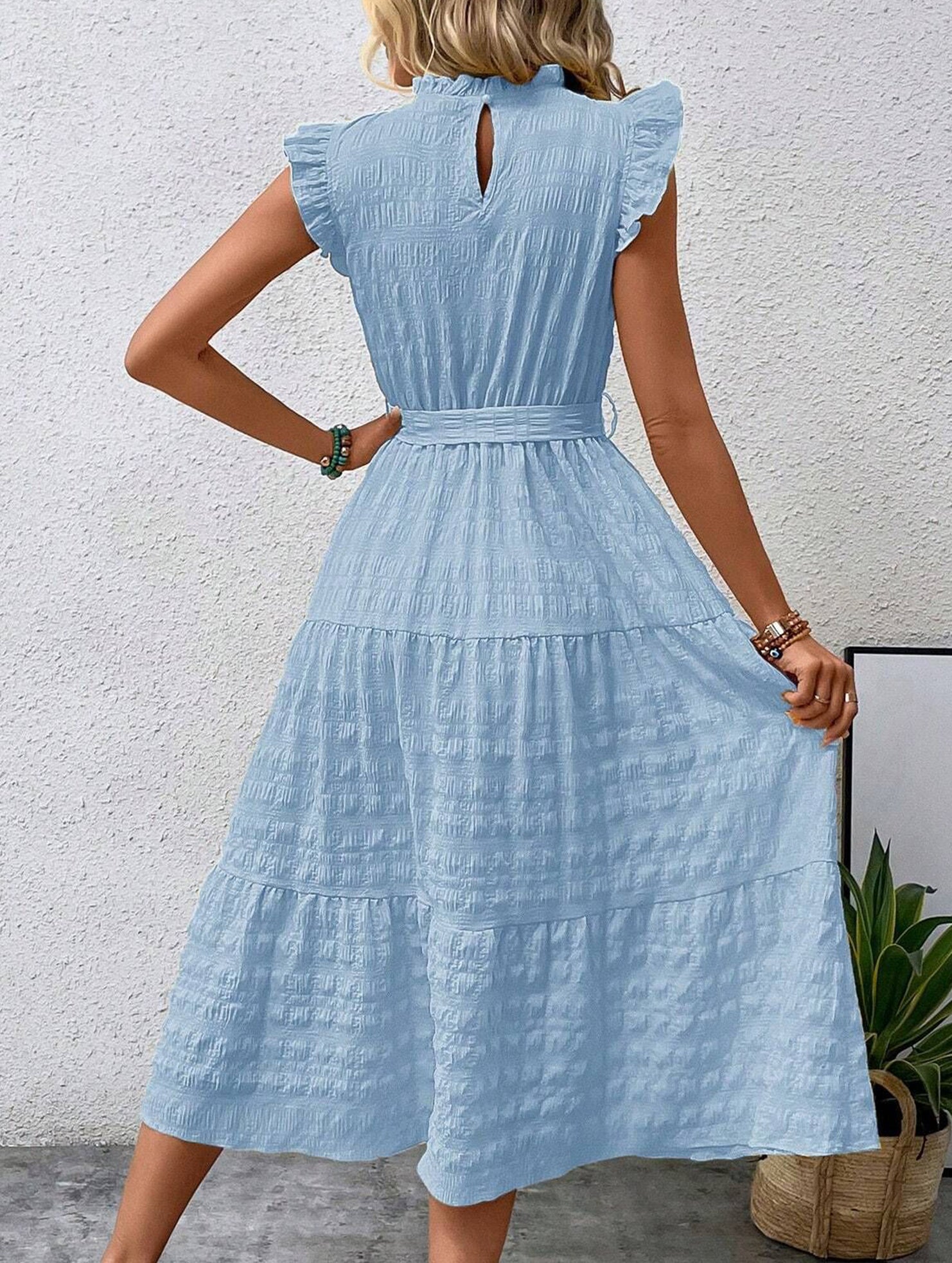 Ruffled Flutter Sleeve Tie Textured Dress