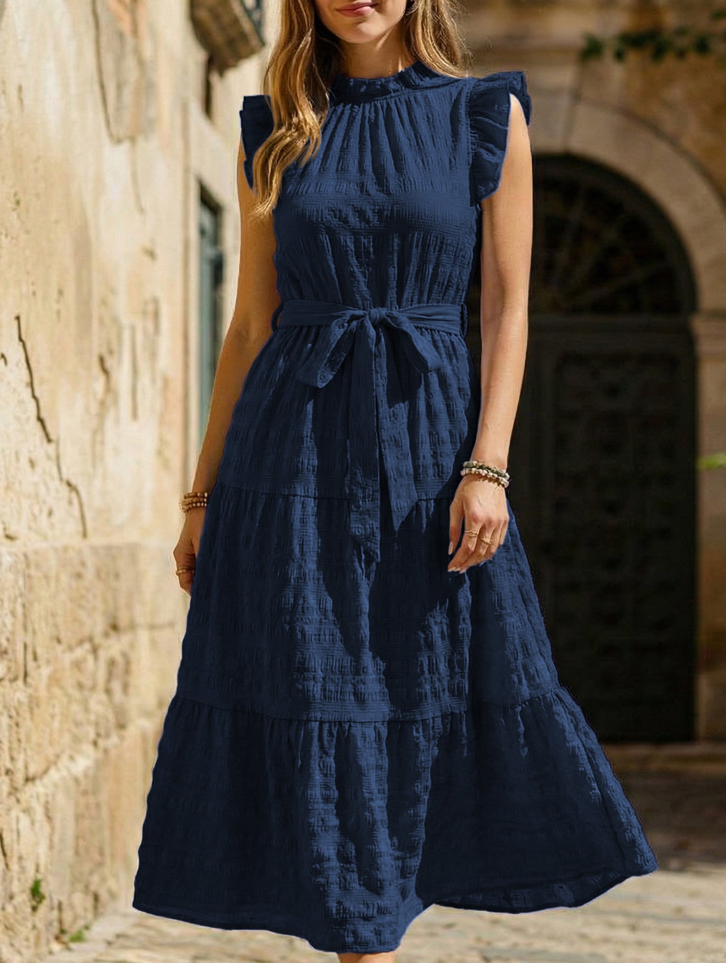 Ruffled Flutter Sleeve Tie Textured Dress