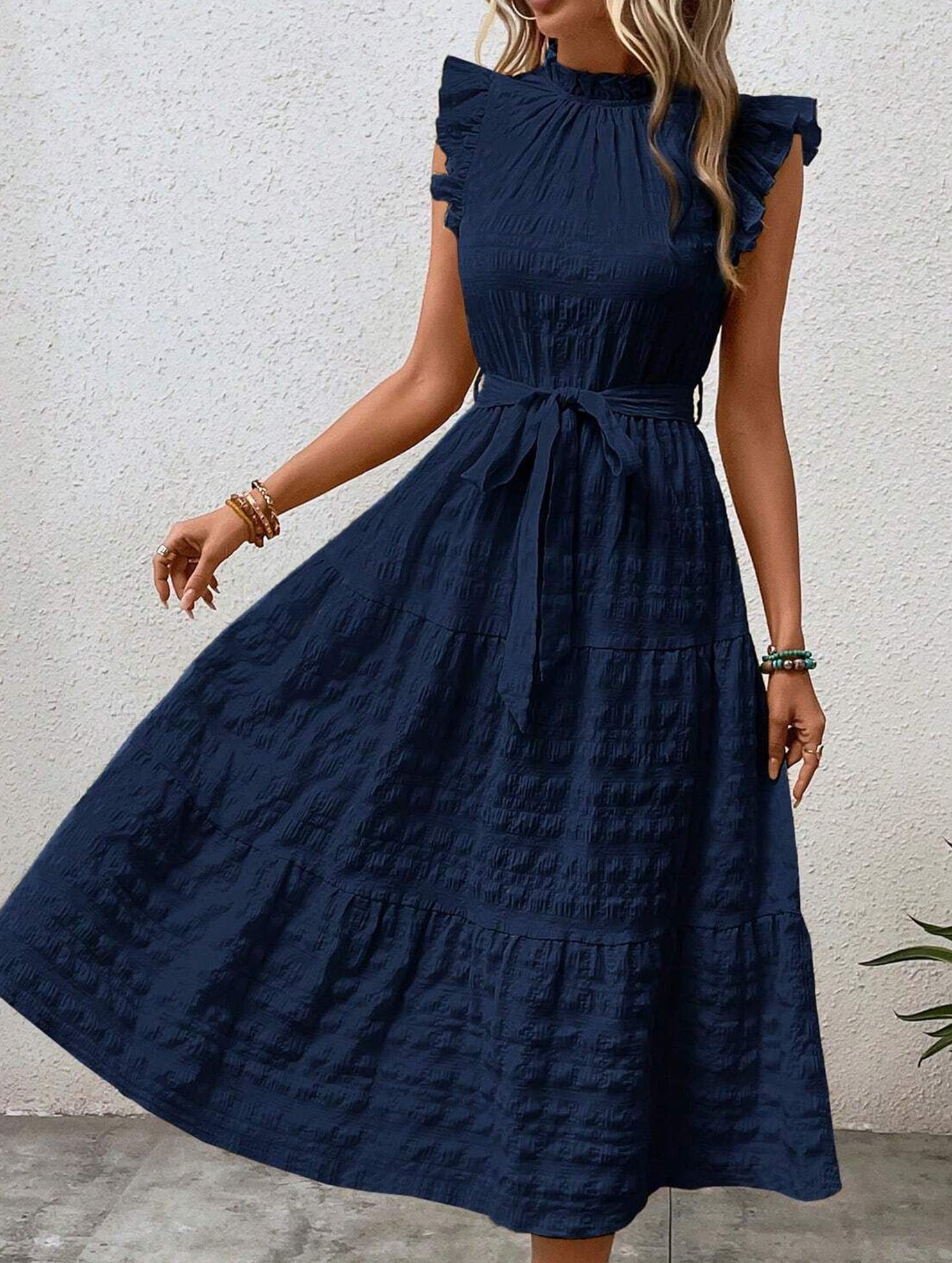 Ruffled Flutter Sleeve Tie Textured Dress