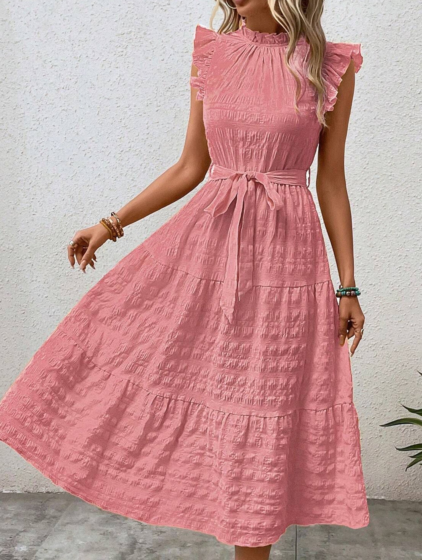 Ruffled Flutter Sleeve Tie Textured Dress
