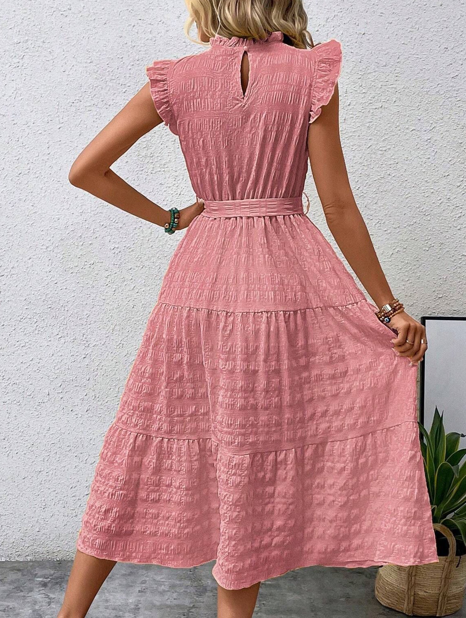 Ruffled Flutter Sleeve Tie Textured Dress