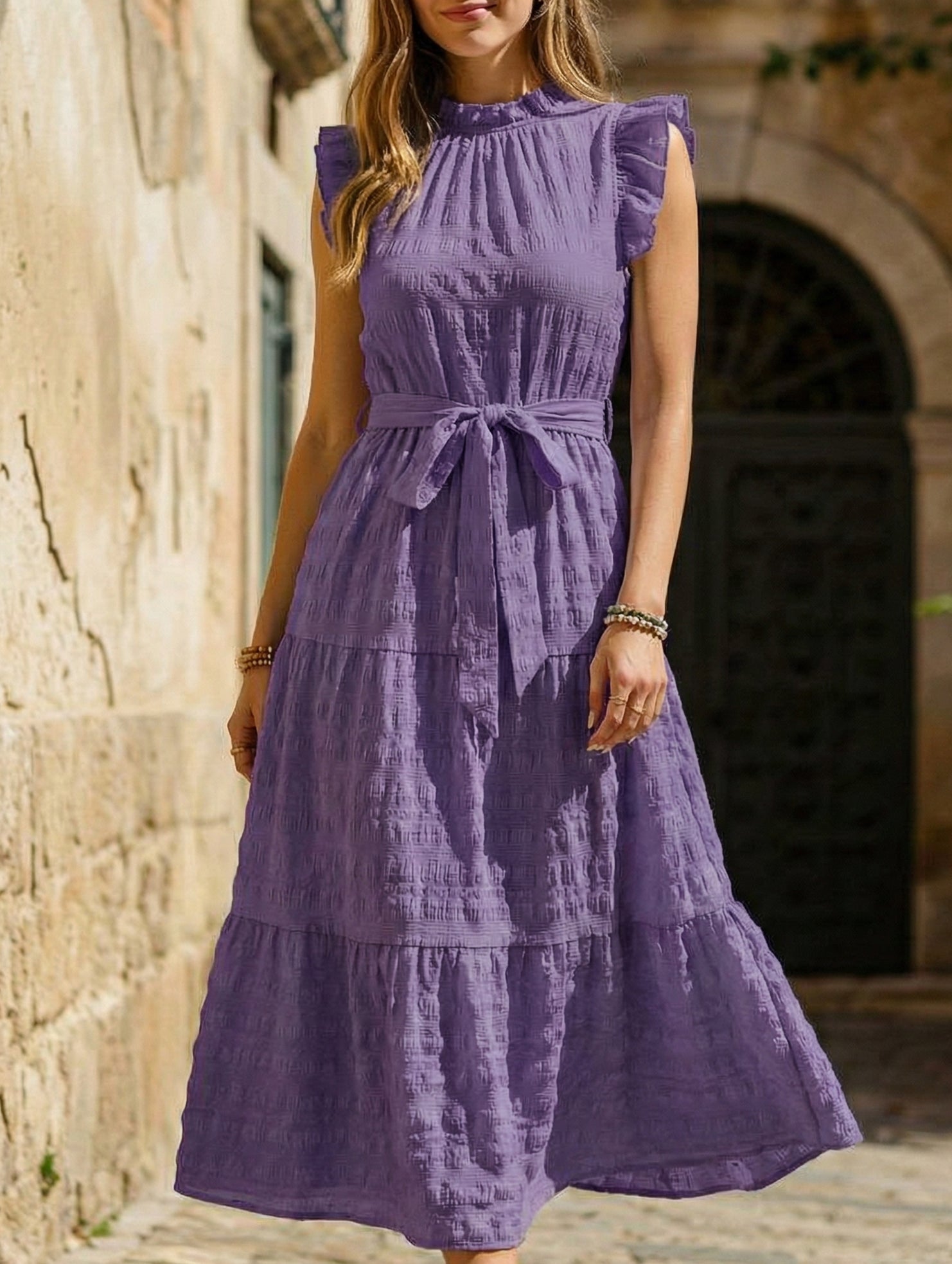 Ruffled Flutter Sleeve Tie Textured Dress