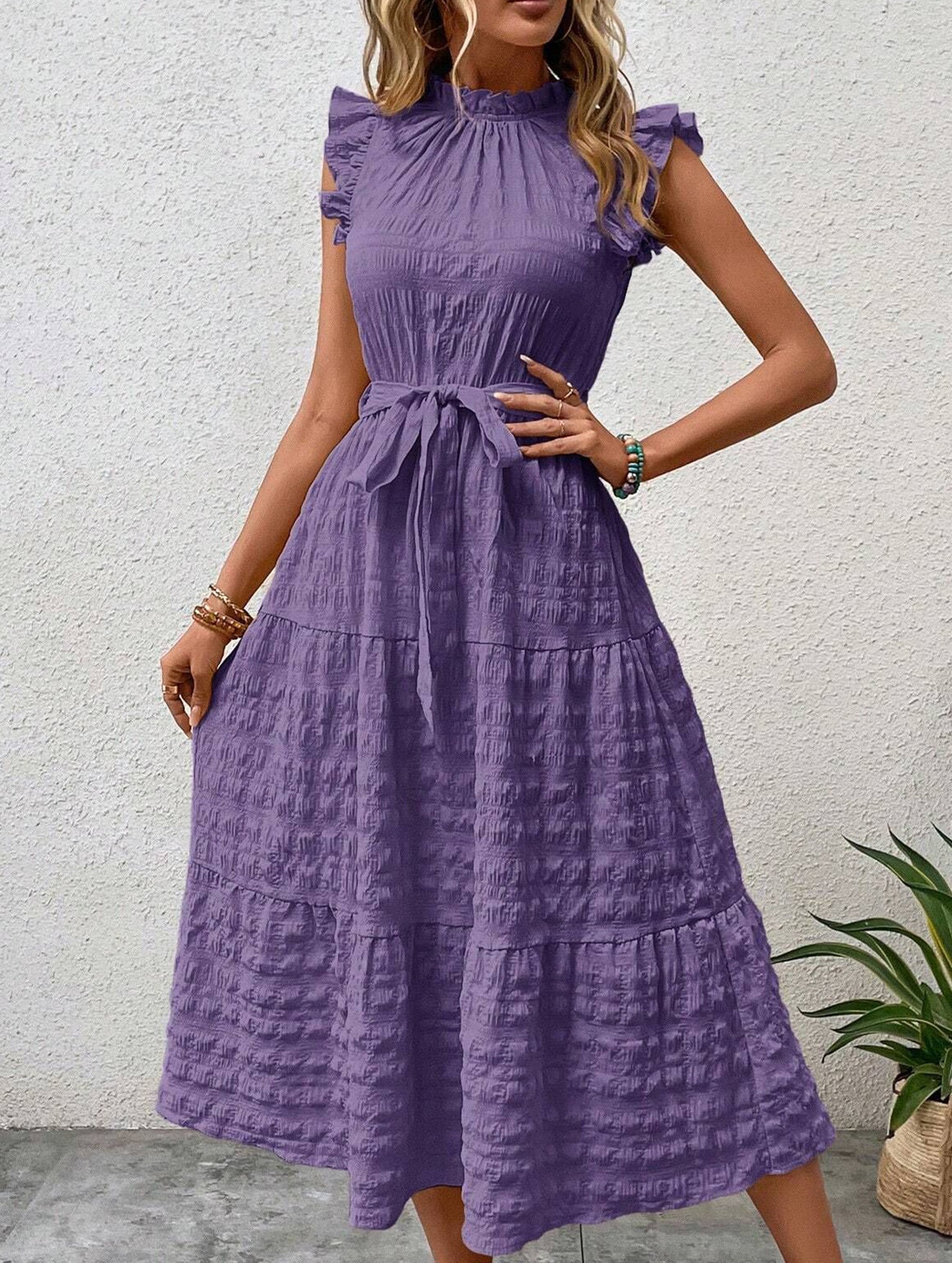 Ruffled Flutter Sleeve Tie Textured Dress