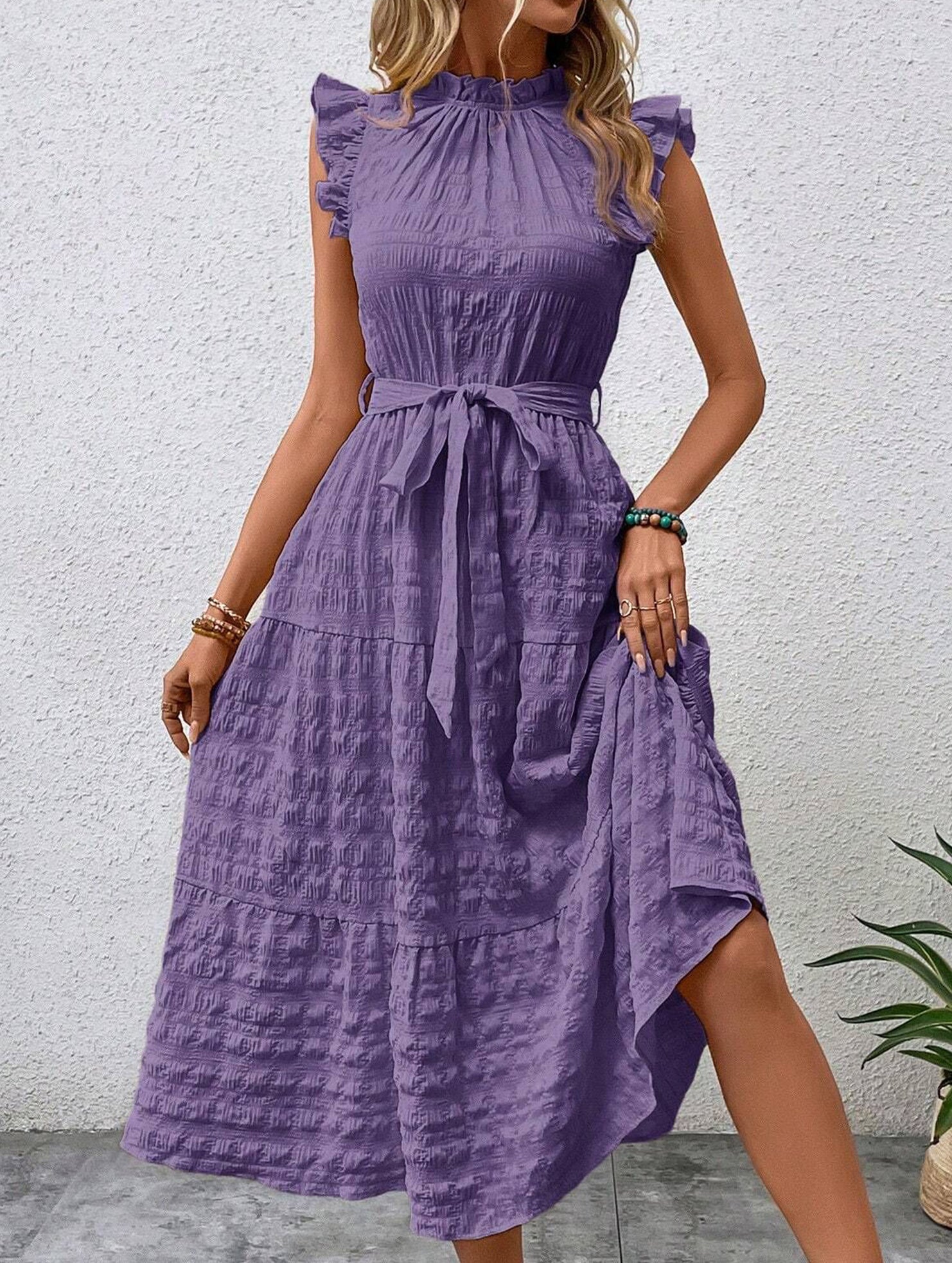 Ruffled Flutter Sleeve Tie Textured Dress