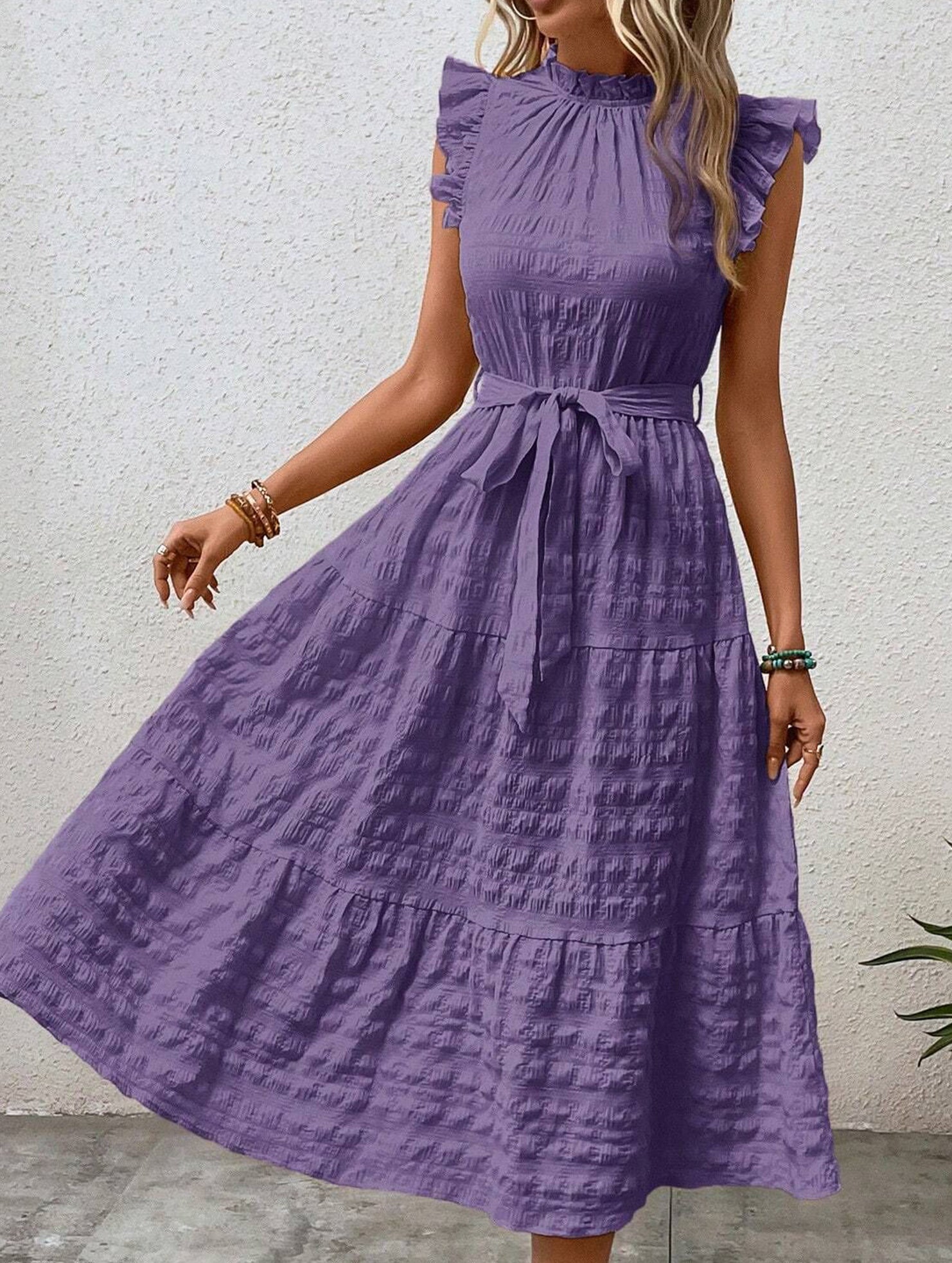 Ruffled Flutter Sleeve Tie Textured Dress