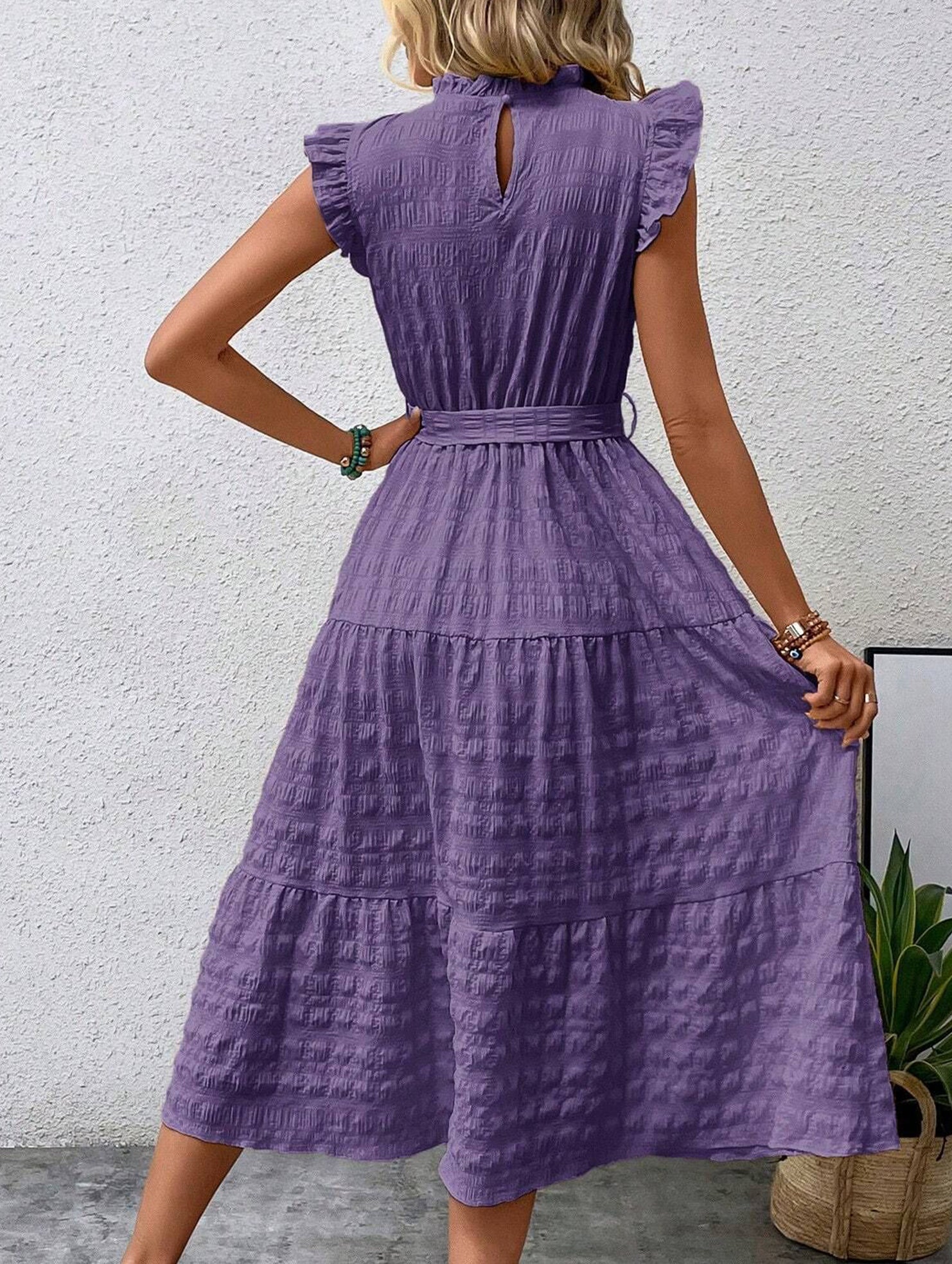 Ruffled Flutter Sleeve Tie Textured Dress