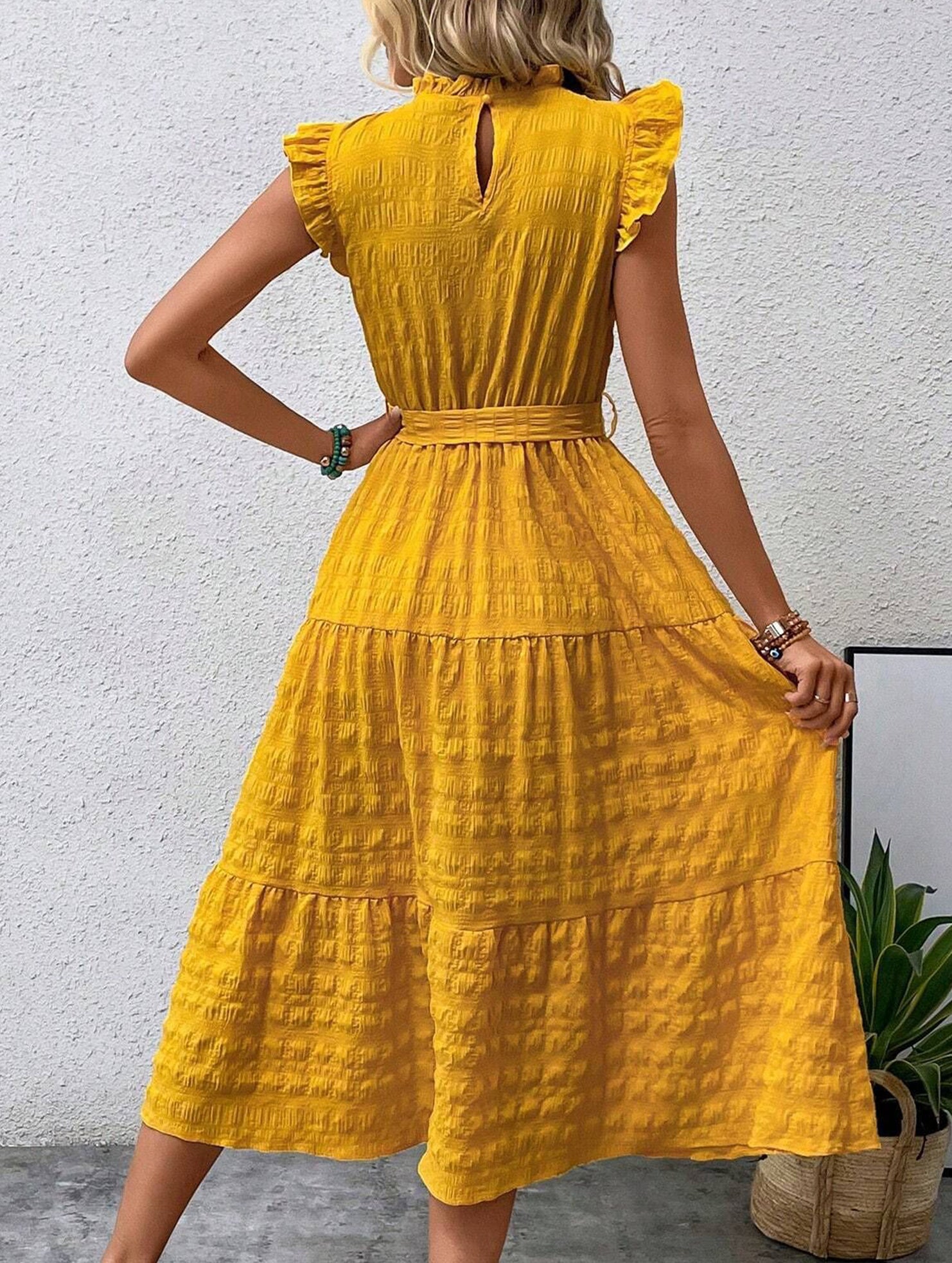 Ruffled Flutter Sleeve Tie Textured Dress