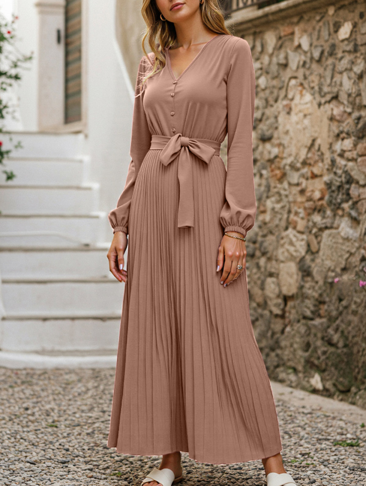 V-NECK BUTTON-UP LONG PLEATED DRESS