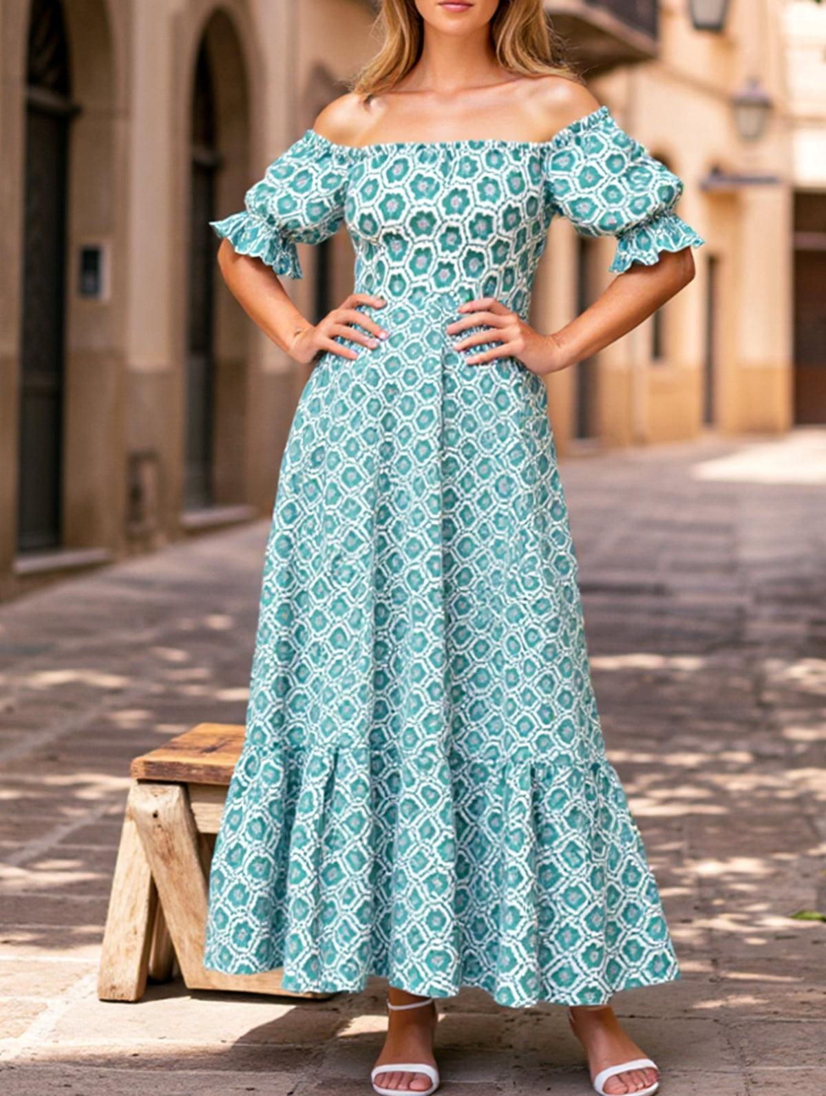 Printed Puffed Sleeve Maxi Swing Dress – Elegant High-Waist Flowy Dress for All Seasons