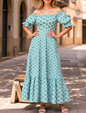 Printed Puffed Sleeve Maxi Swing Dress – Elegant High-Waist Flowy Dress for All Seasons