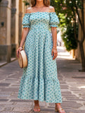 Printed Puffed Sleeve Maxi Swing Dress – Elegant High-Waist Flowy Dress for All Seasons