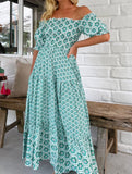 Printed Puffed Sleeve Maxi Swing Dress – Elegant High-Waist Flowy Dress for All Seasons